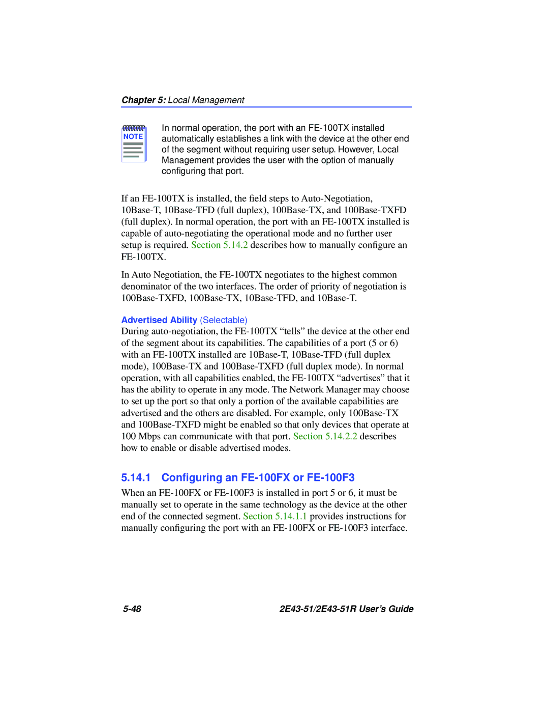 Cabletron Systems 2E43-51R manual 14.1 Conﬁguring an FE-100FX or FE-100F3 