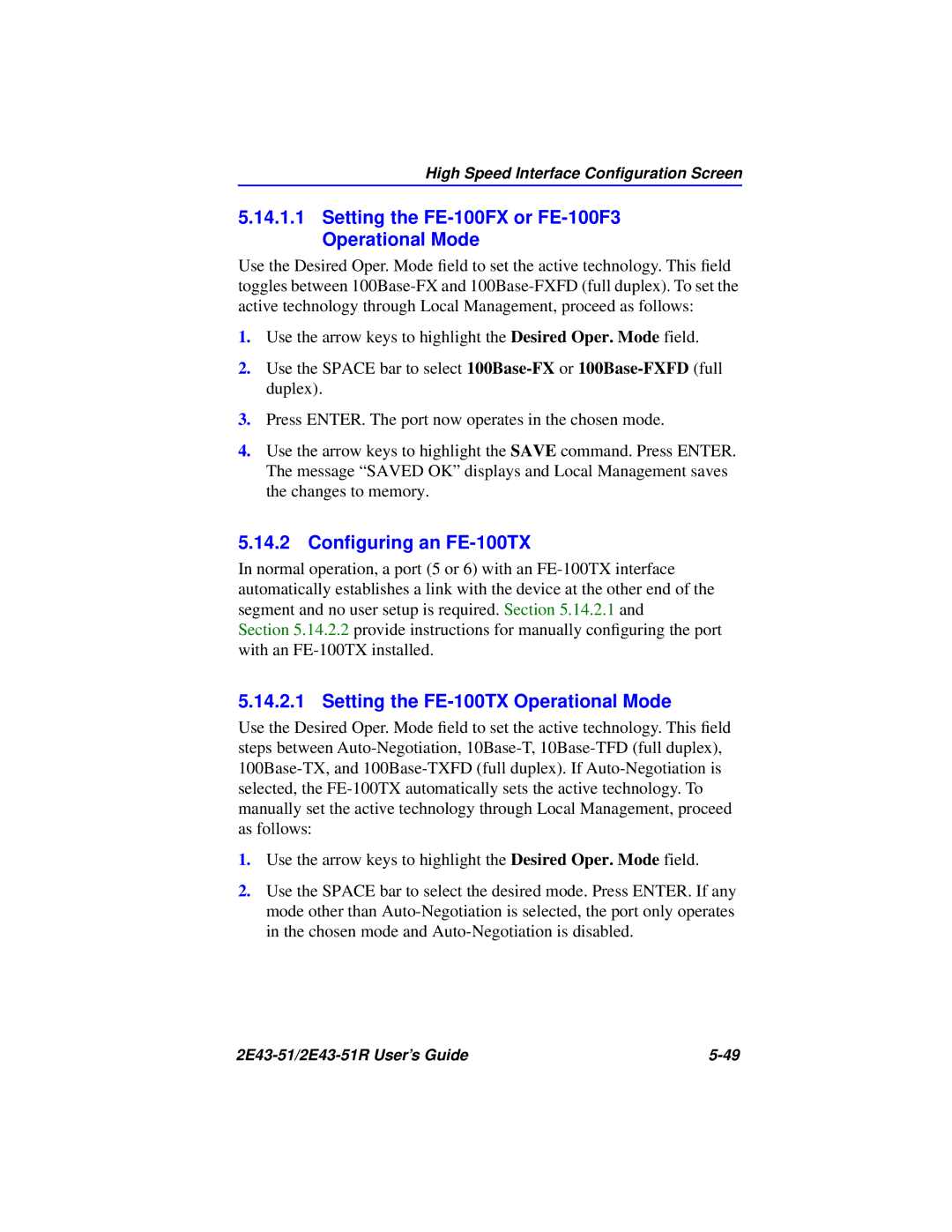 Cabletron Systems 2E43-51R manual Setting the FE-100FX or FE-100F3 Operational Mode, 14.2 Conﬁguring an FE-100TX 