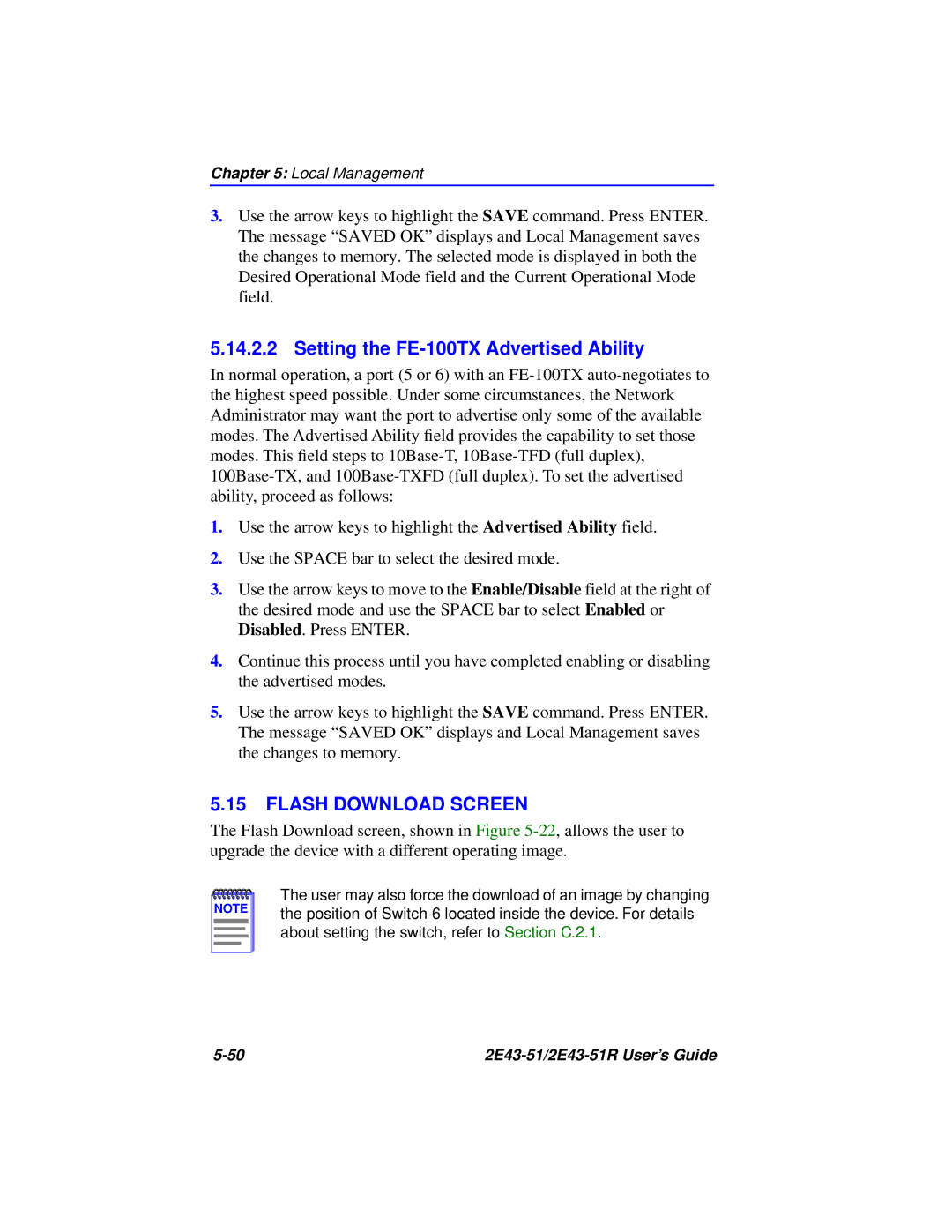 Cabletron Systems 2E43-51R manual Setting the FE-100TX Advertised Ability, Flash Download Screen 