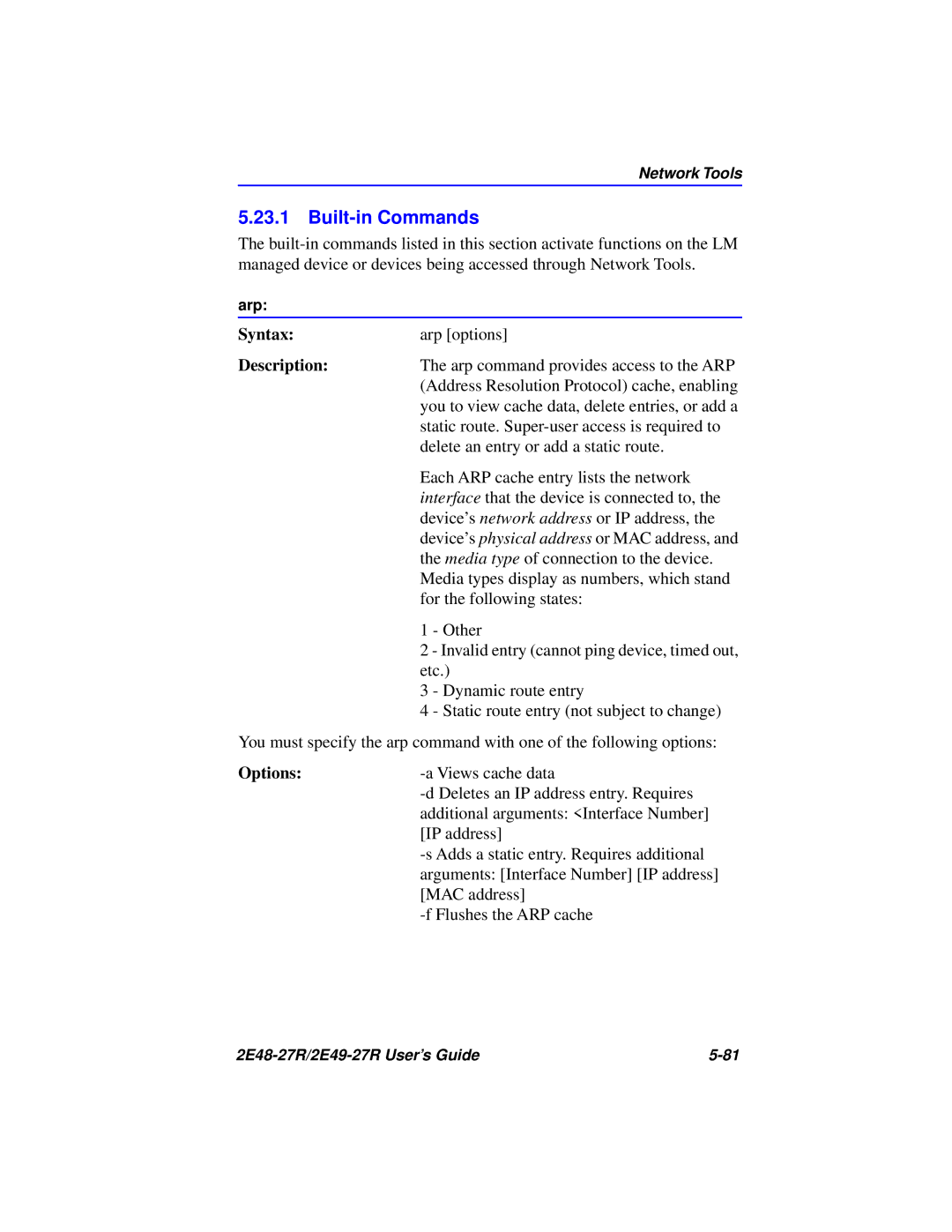 Cabletron Systems 2E49-27R, 2E48-27R manual Built-in Commands, Syntax Arp options 