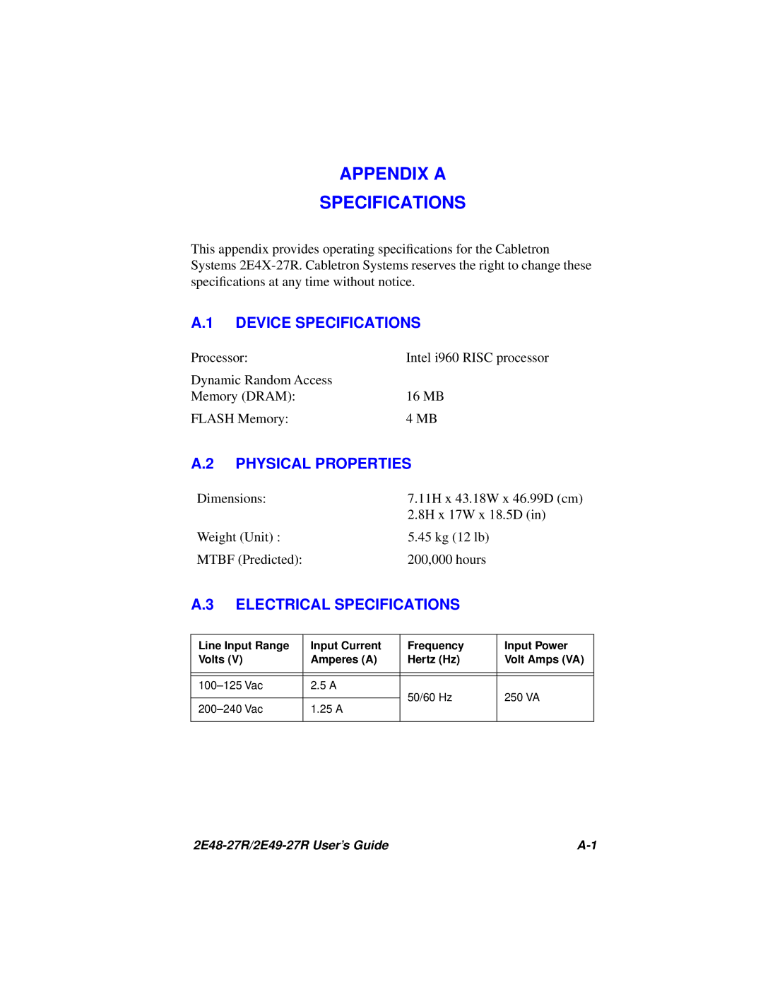 Cabletron Systems 2E49-27R, 2E48-27R manual Device Specifications, Physical Properties, Electrical Specifications 