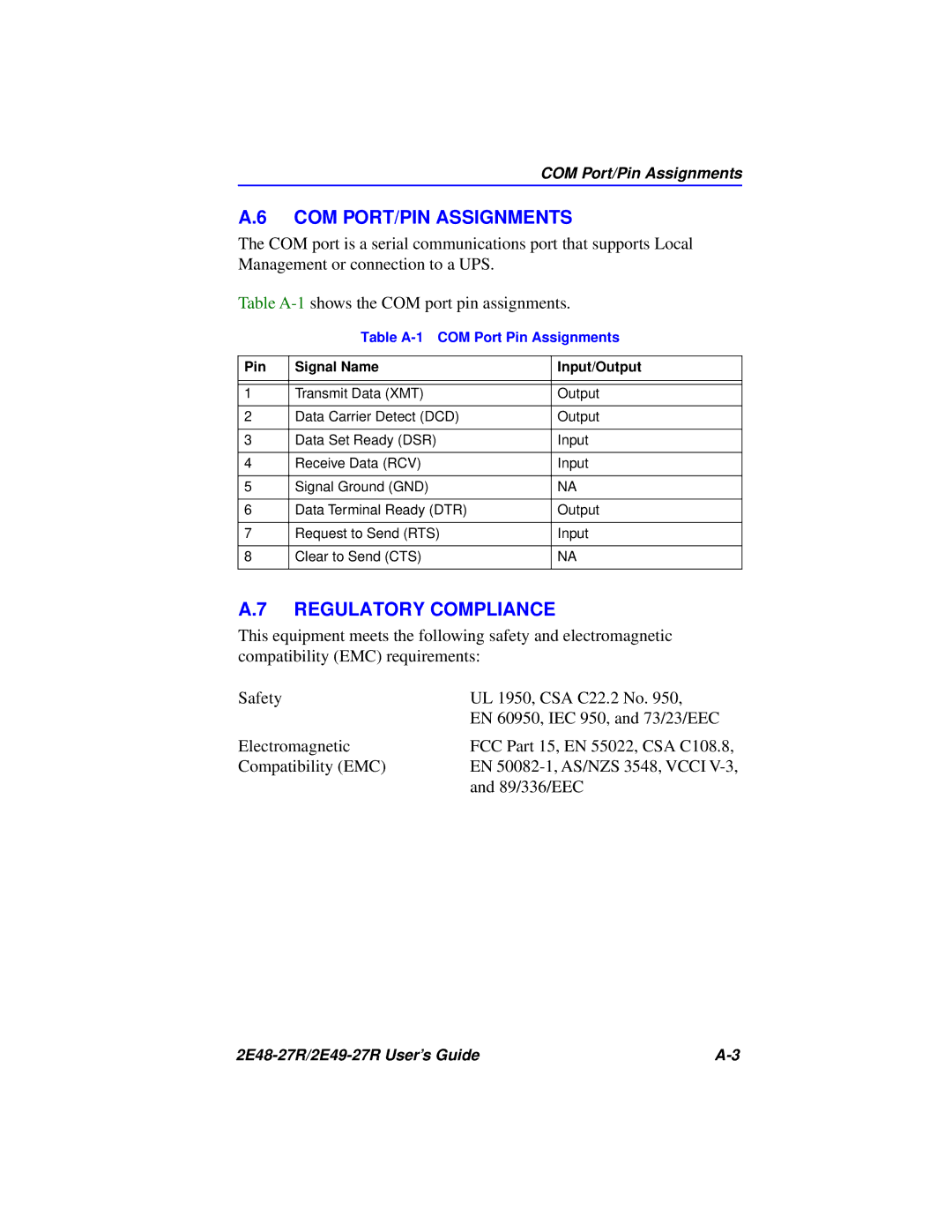 Cabletron Systems 2E49-27R, 2E48-27R manual COM PORT/PIN Assignments, Regulatory Compliance 