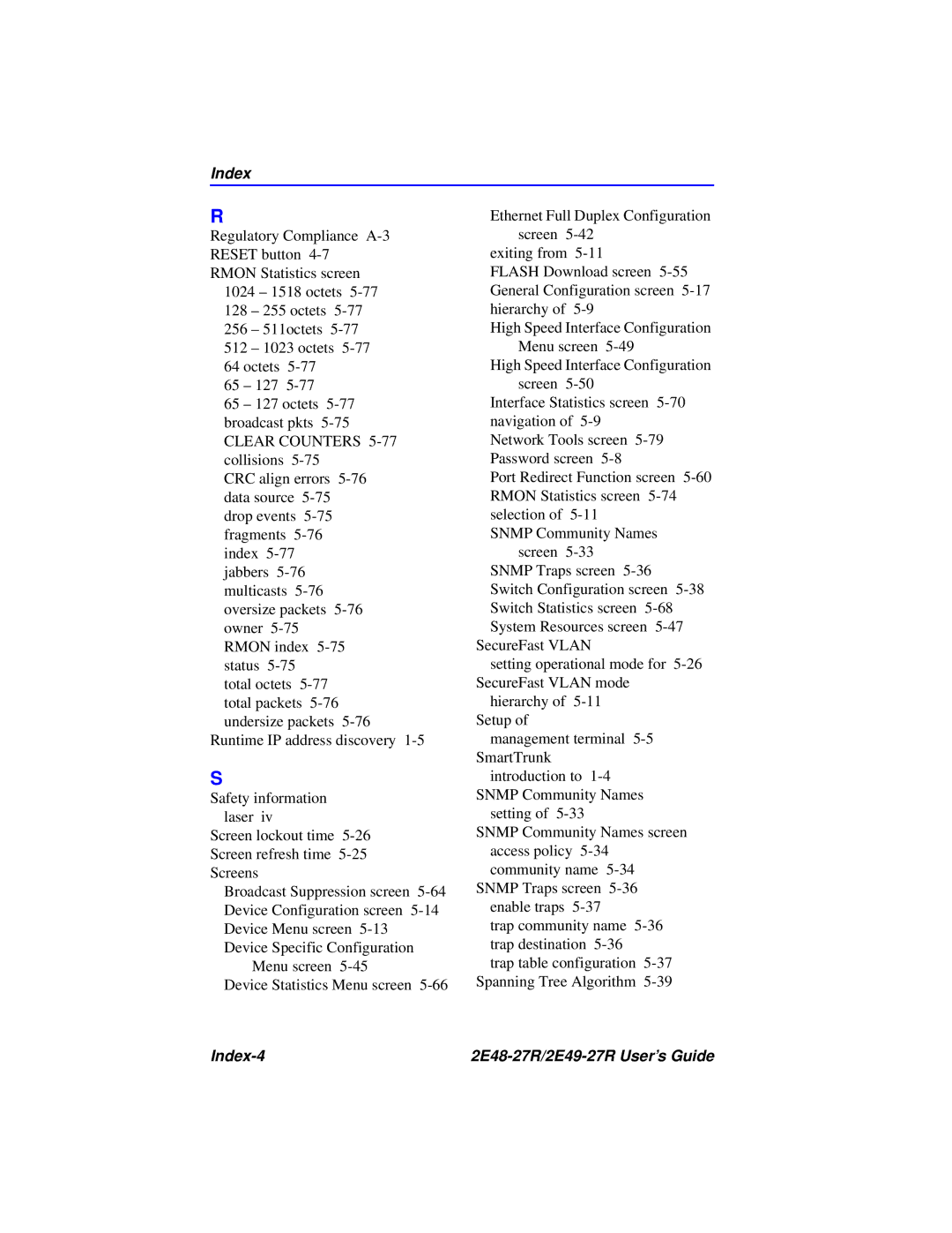 Cabletron Systems manual Index-4 2E48-27R/2E49-27R User’s Guide 