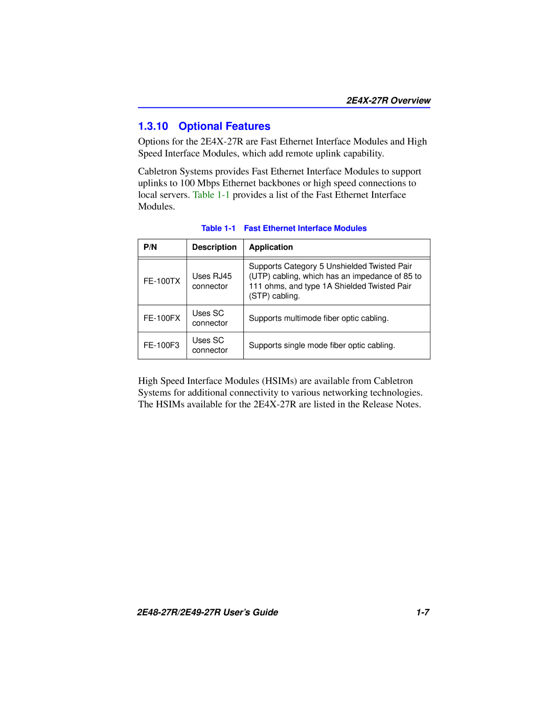 Cabletron Systems 2E49-27R, 2E48-27R manual Optional Features, Fast Ethernet Interface Modules 