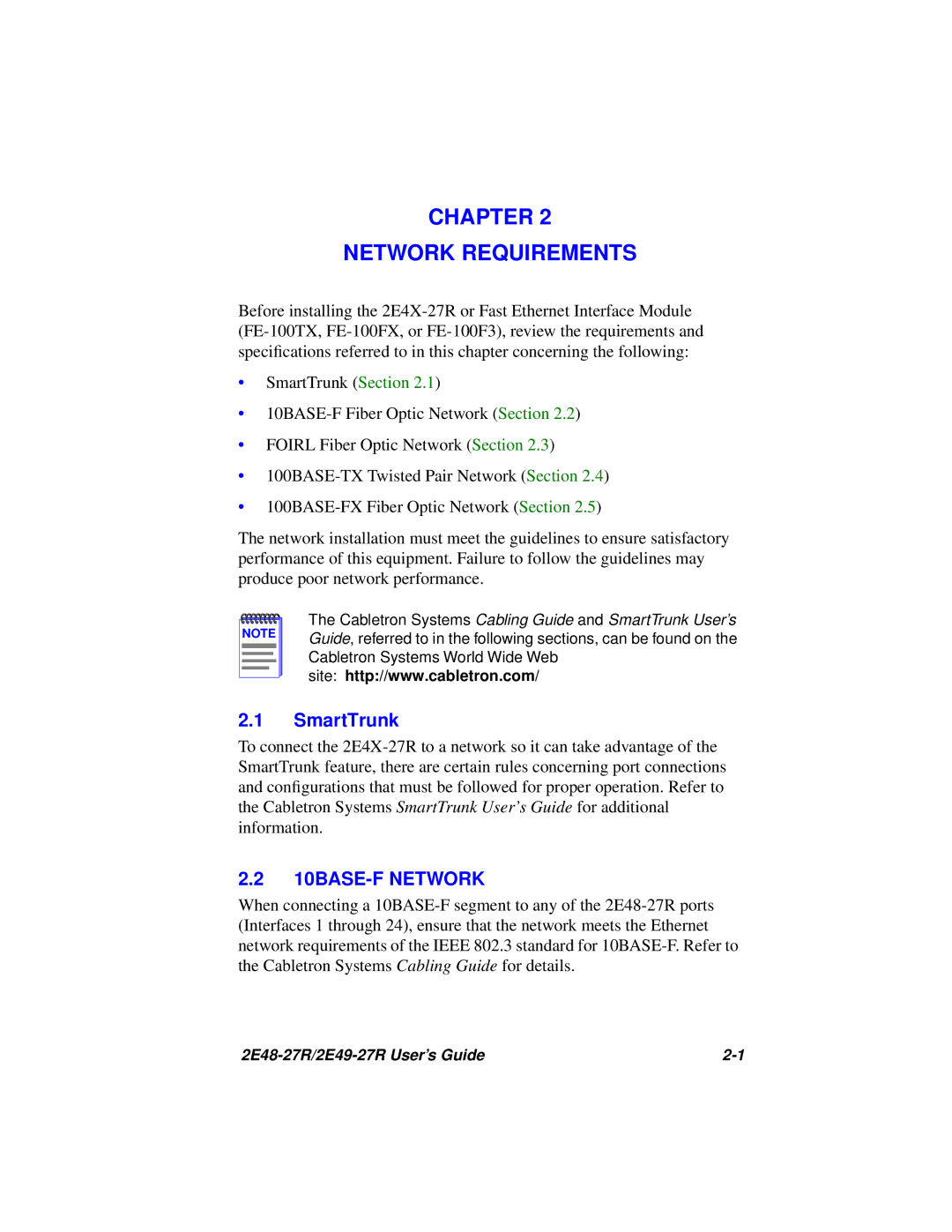 Cabletron Systems 2E49-27R, 2E48-27R manual Chapter Network Requirements, 10BASE-F Network 