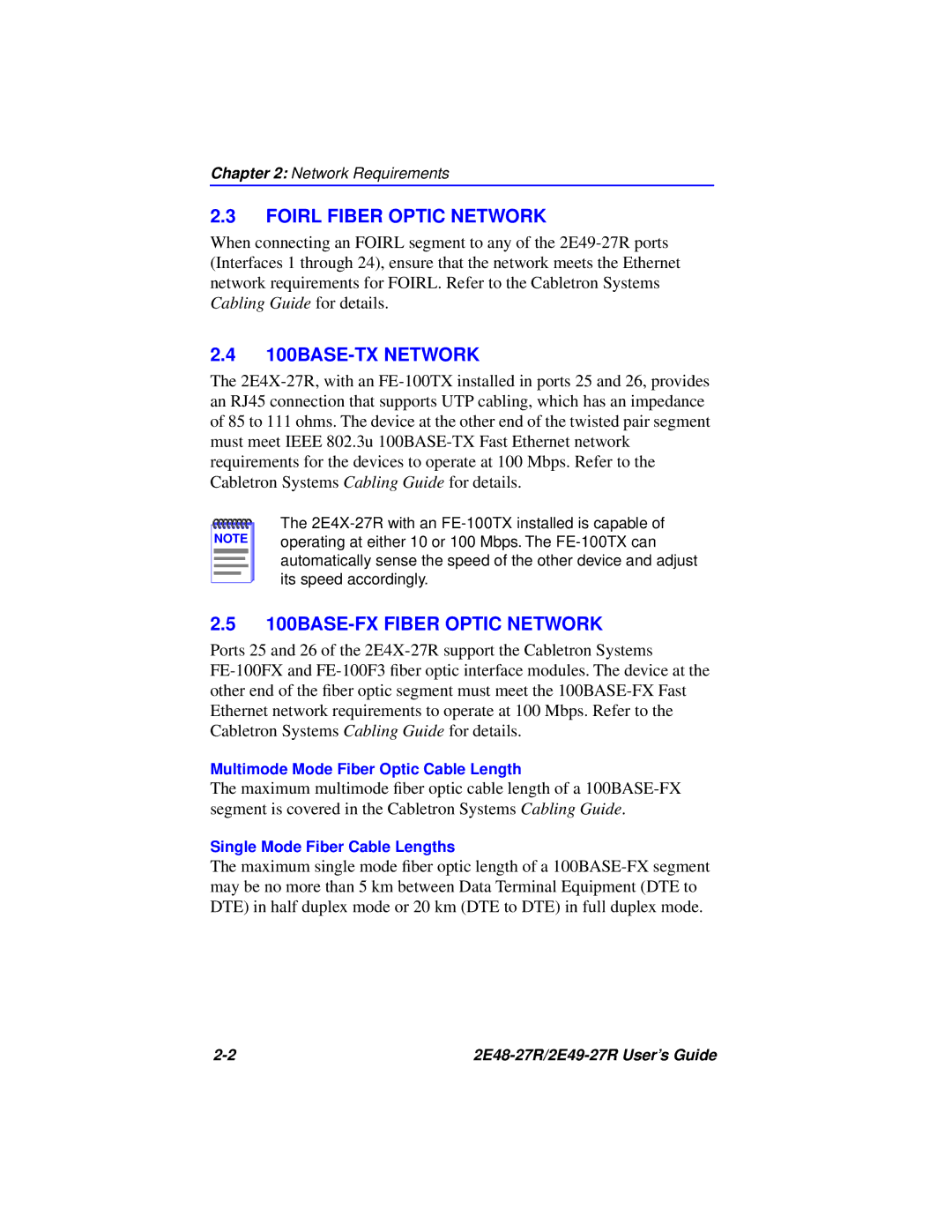 Cabletron Systems 2E48-27R, 2E49-27R manual Foirl Fiber Optic Network, 100BASE-TX Network, 100BASE-FX Fiber Optic Network 