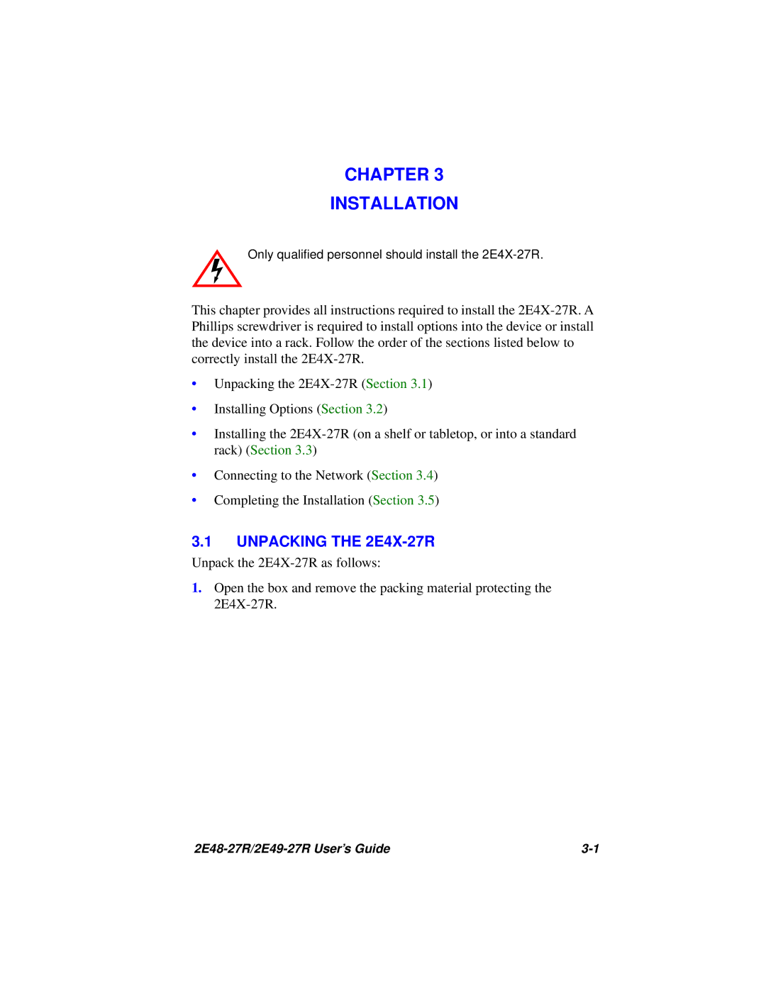 Cabletron Systems 2E49-27R, 2E48-27R manual Chapter Installation, Unpacking the 2E4X-27R 