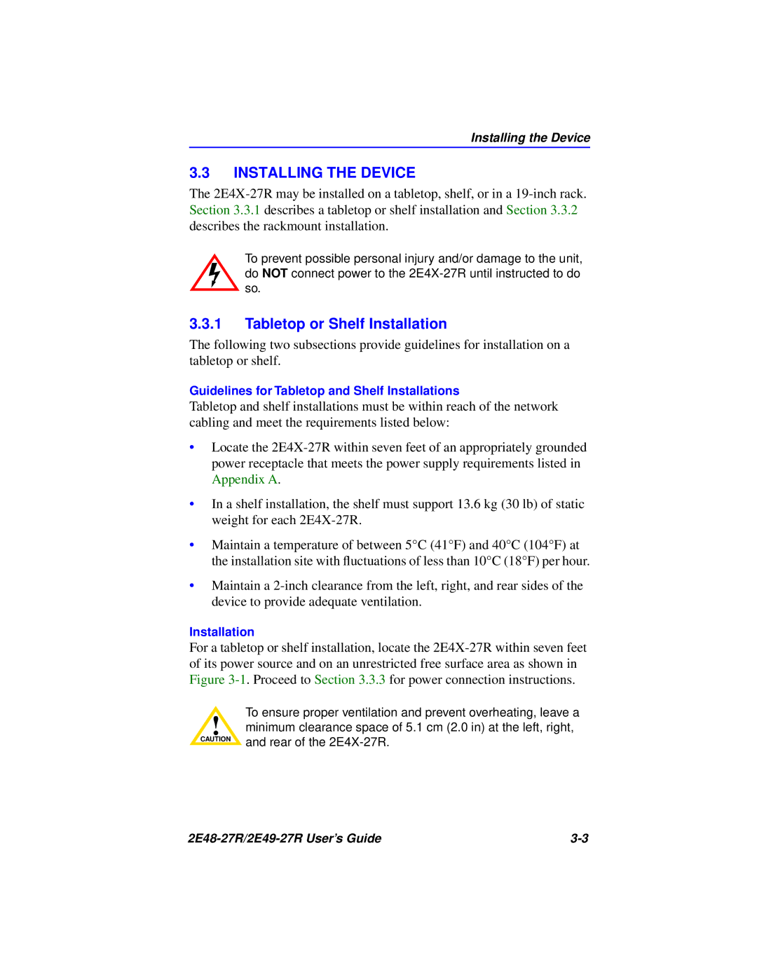 Cabletron Systems 2E49-27R, 2E48-27R manual Installing the Device, Tabletop or Shelf Installation 