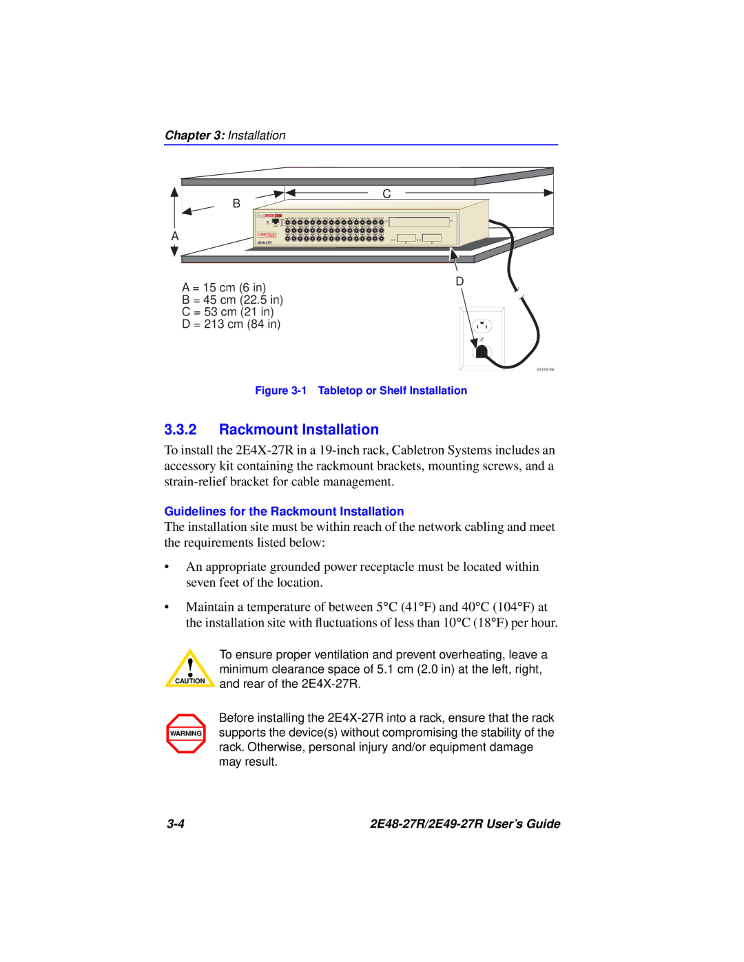 Cabletron Systems 2E48-27R, 2E49-27R manual Rackmount Installation, Tabletop or Shelf Installation 