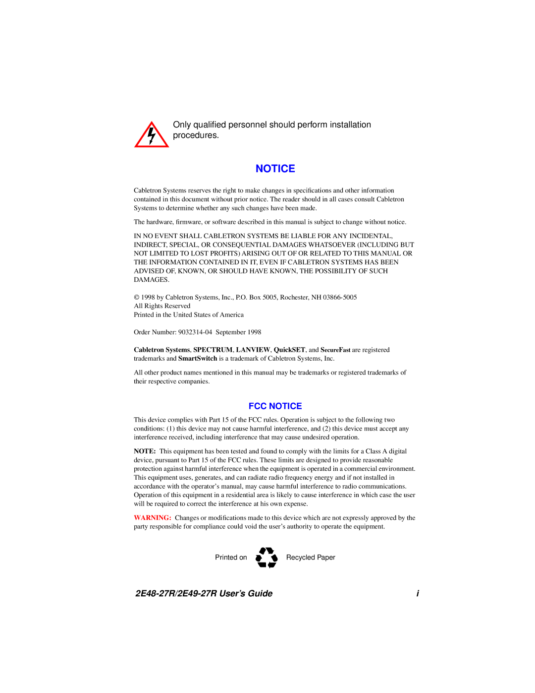 Cabletron Systems manual 2E48-27R/2E49-27R User’s Guide 