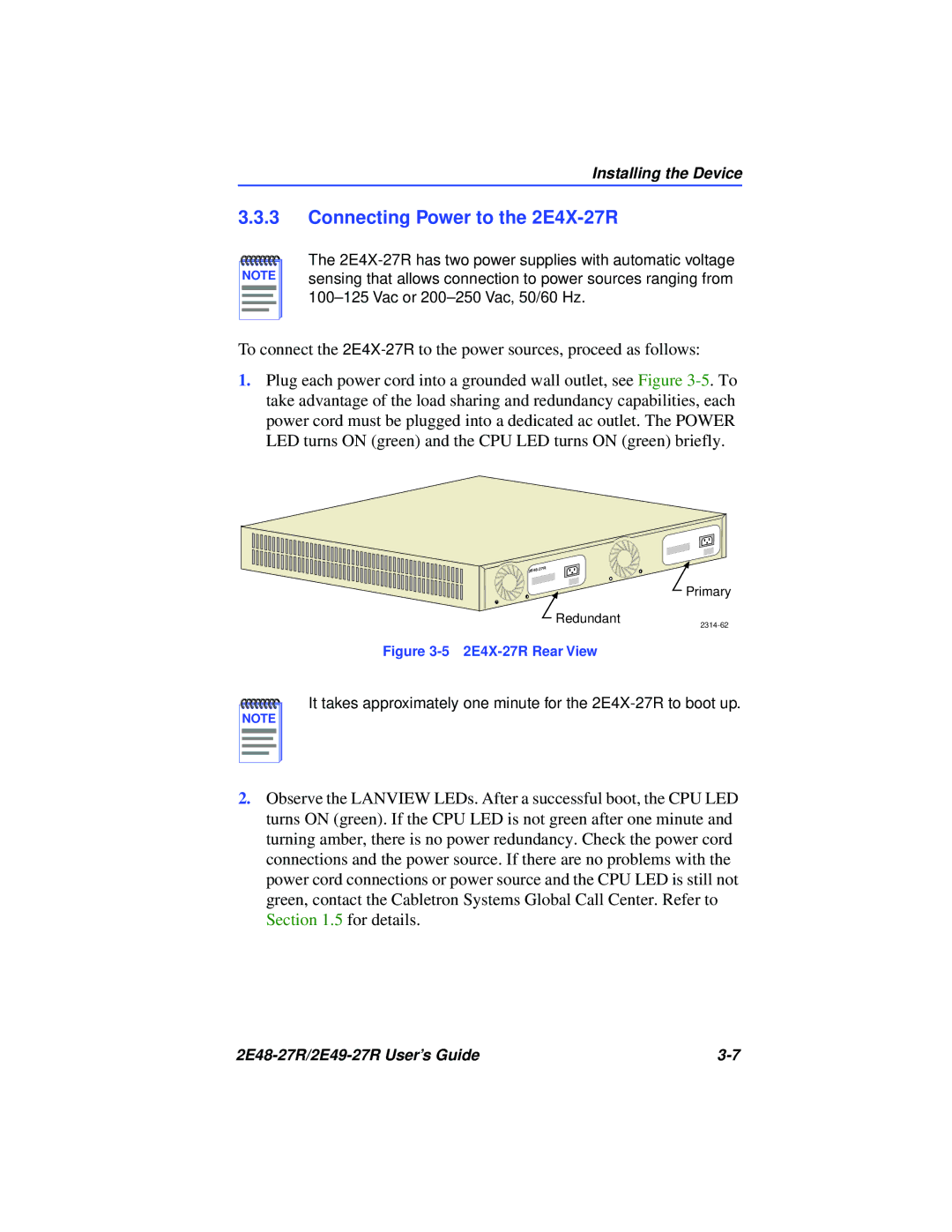 Cabletron Systems 2E49-27R, 2E48-27R manual Connecting Power to the 2E4X-27R, 2E4X-27R Rear View 