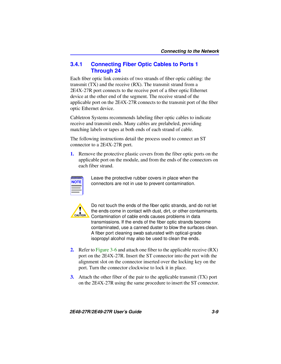 Cabletron Systems 2E49-27R, 2E48-27R manual Connecting Fiber Optic Cables to Ports 1 Through 