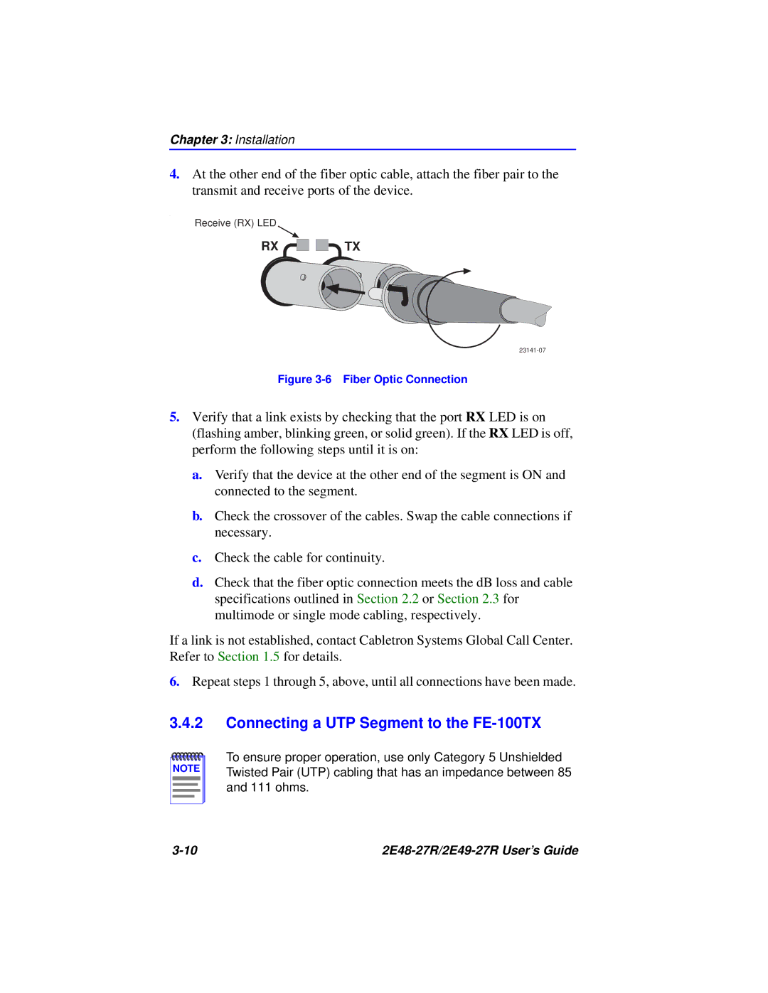 Cabletron Systems 2E48-27R, 2E49-27R manual Connecting a UTP Segment to the FE-100TX, Fiber Optic Connection 