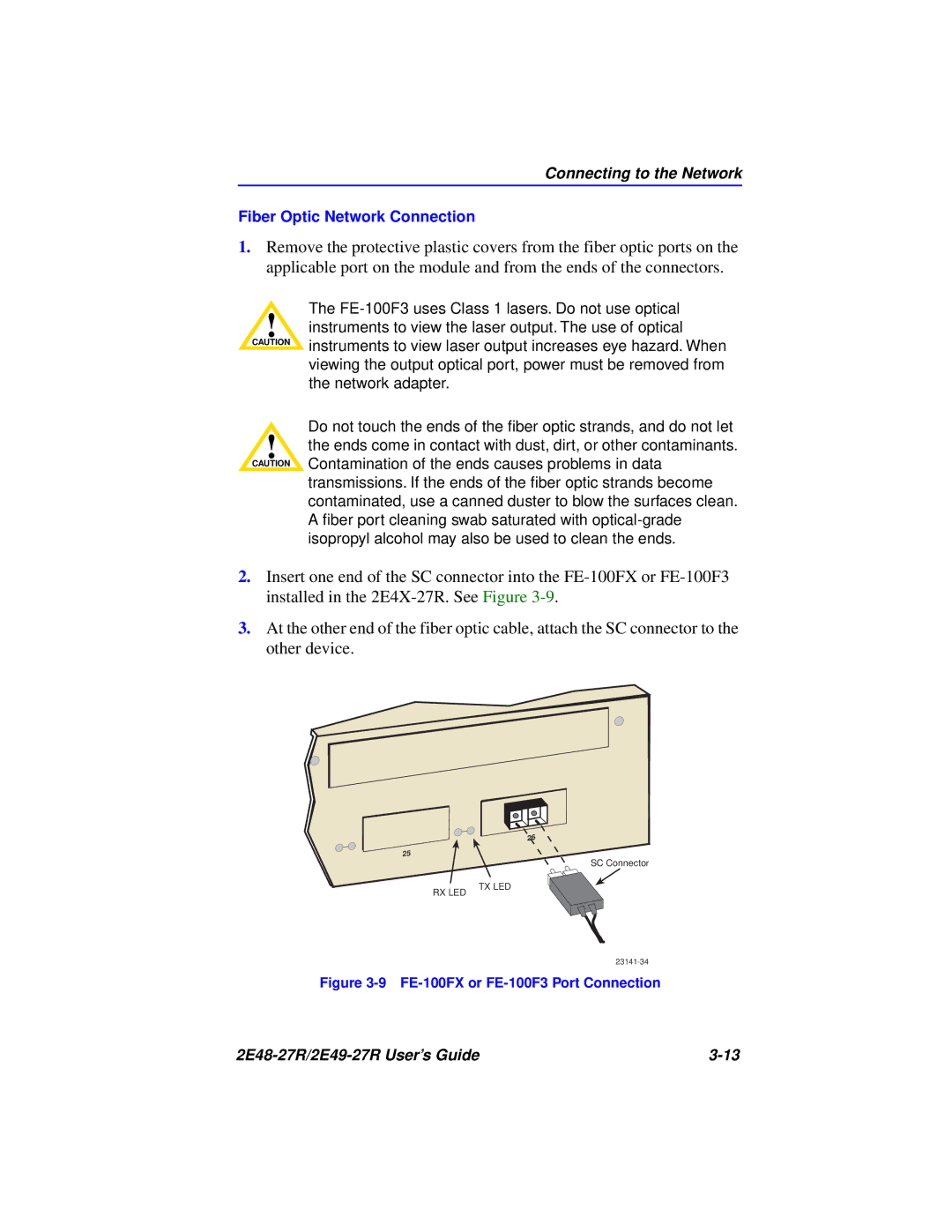 Cabletron Systems 2E49-27R, 2E48-27R manual Fiber Optic Network Connection 