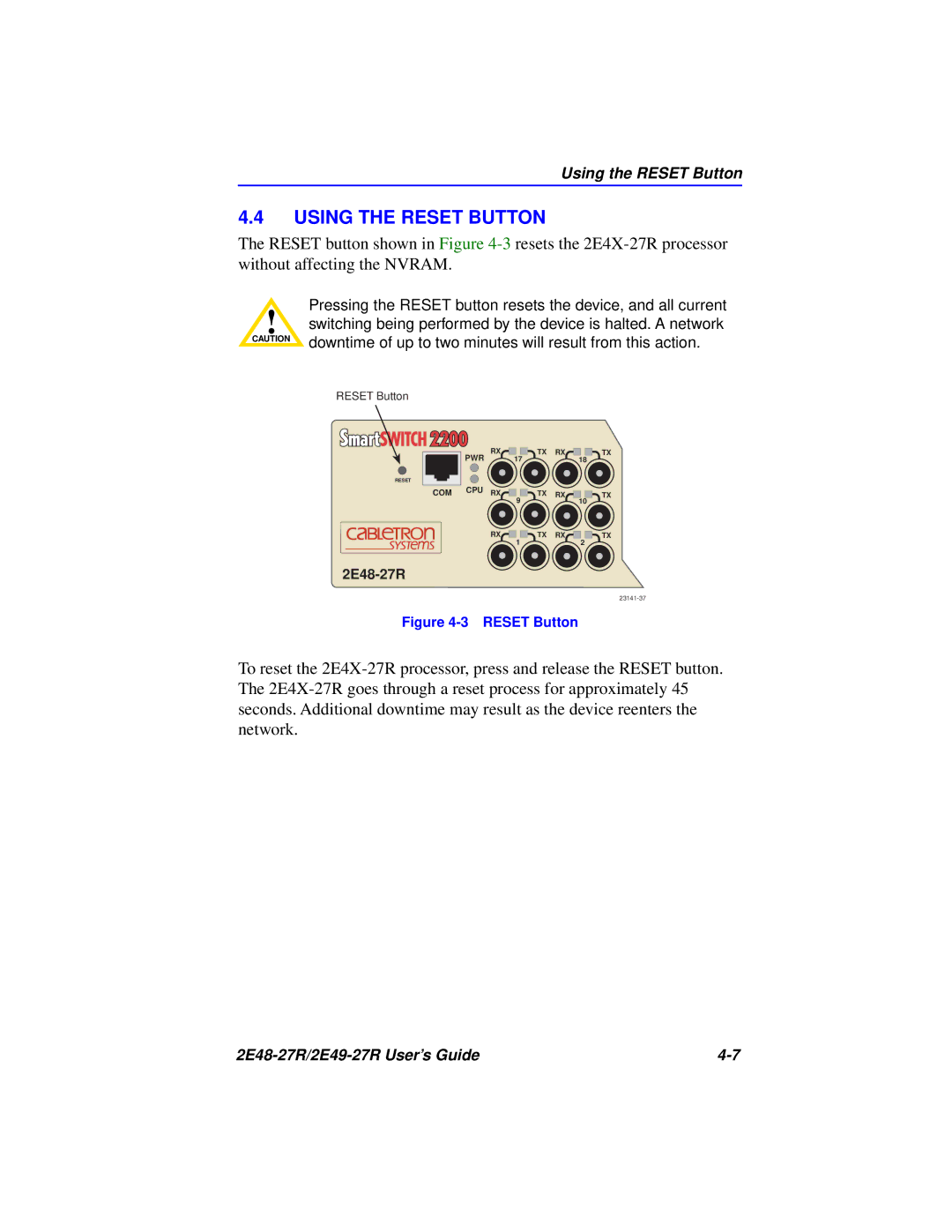 Cabletron Systems 2E49-27R, 2E48-27R manual Using the Reset Button 