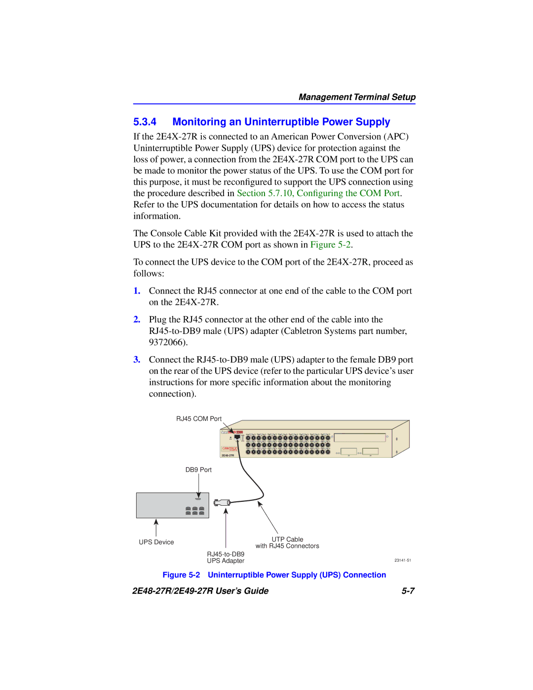 Cabletron Systems 2E49-27R manual Monitoring an Uninterruptible Power Supply, Uninterruptible Power Supply UPS Connection 