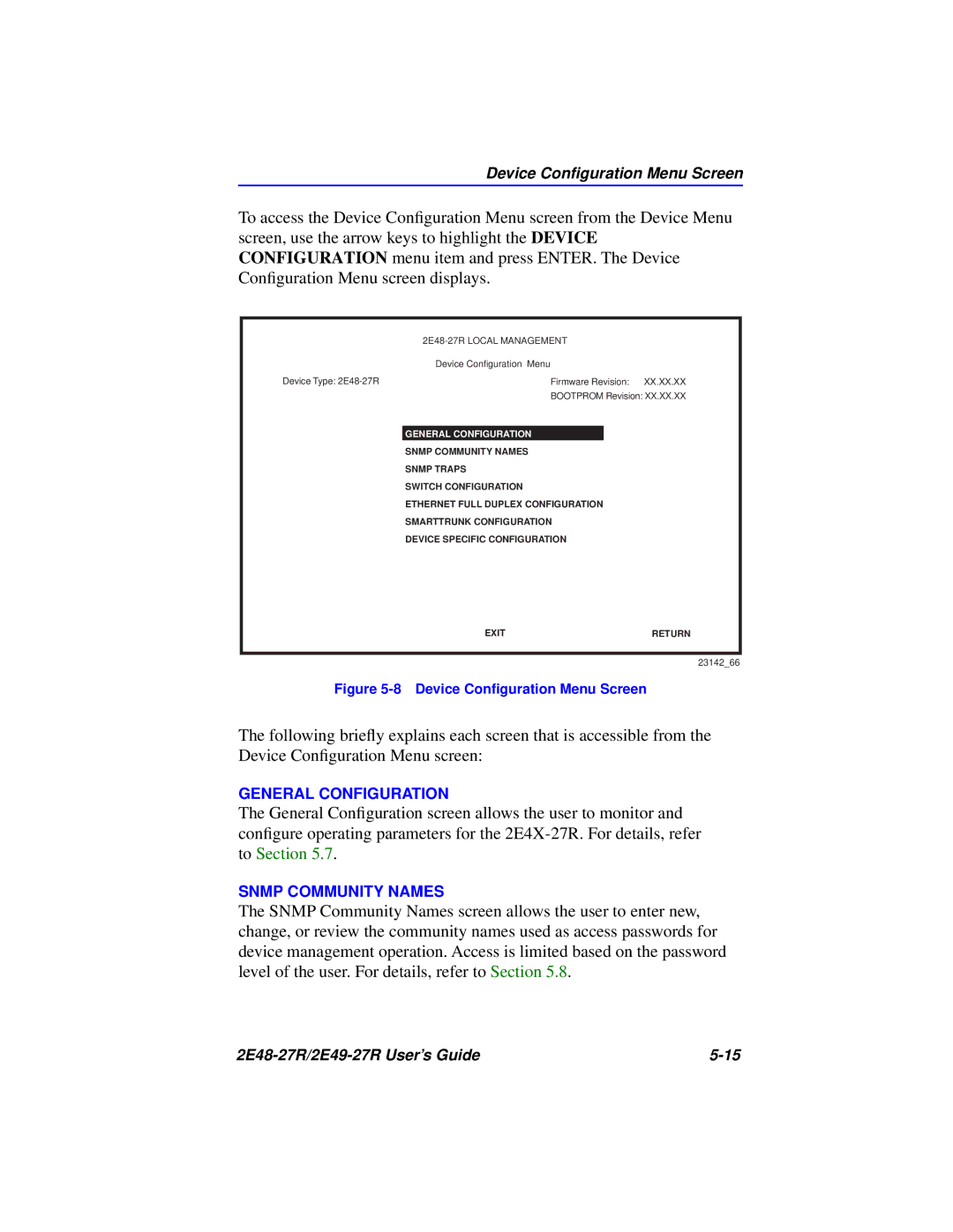 Cabletron Systems 2E49-27R, 2E48-27R manual Device Conﬁguration Menu Screen 