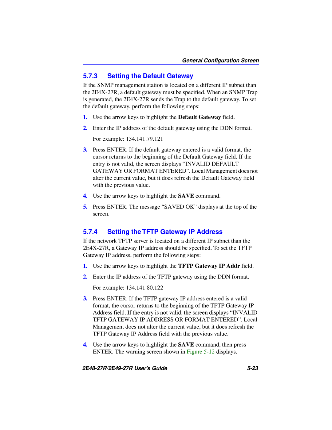 Cabletron Systems 2E49-27R, 2E48-27R manual Setting the Default Gateway, Setting the Tftp Gateway IP Address 