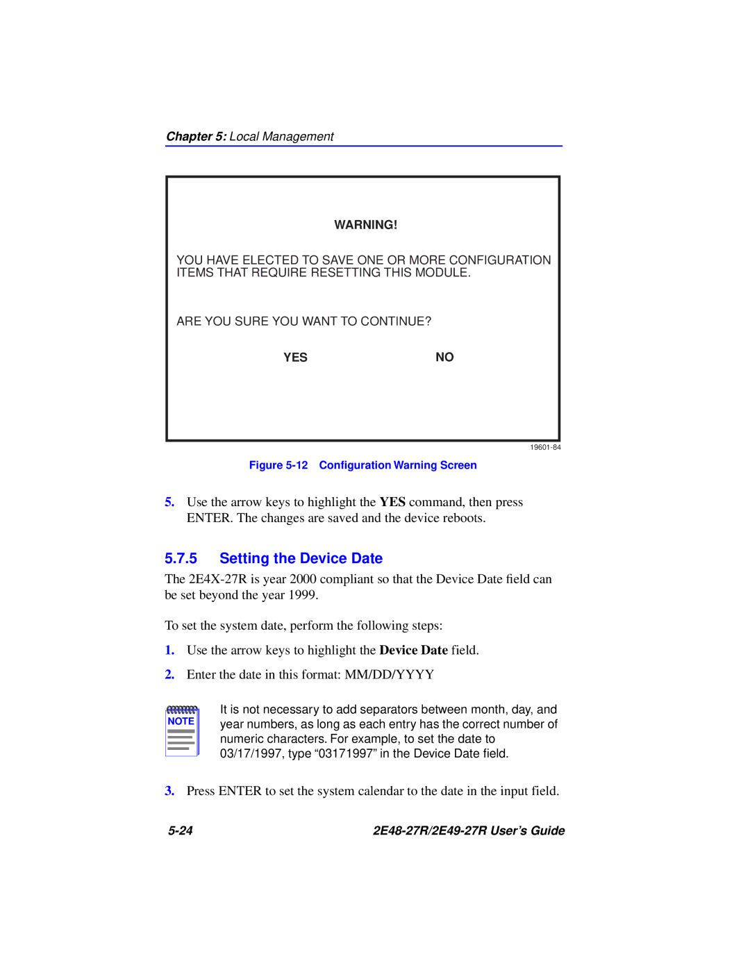 Cabletron Systems 2E48-27R, 2E49-27R manual Setting the Device Date, 12 Conﬁguration Warning Screen 