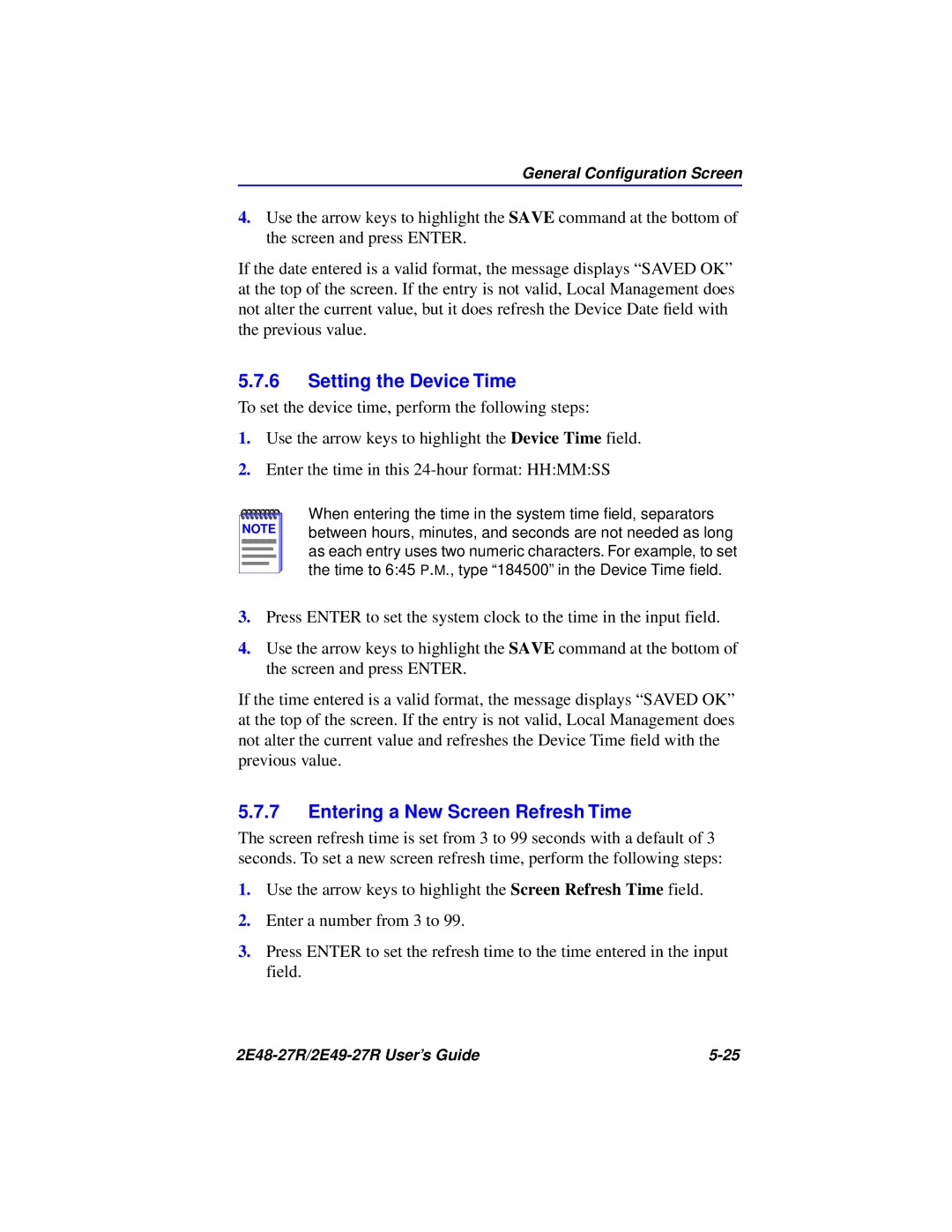 Cabletron Systems 2E49-27R, 2E48-27R manual Setting the Device Time, Entering a New Screen Refresh Time 