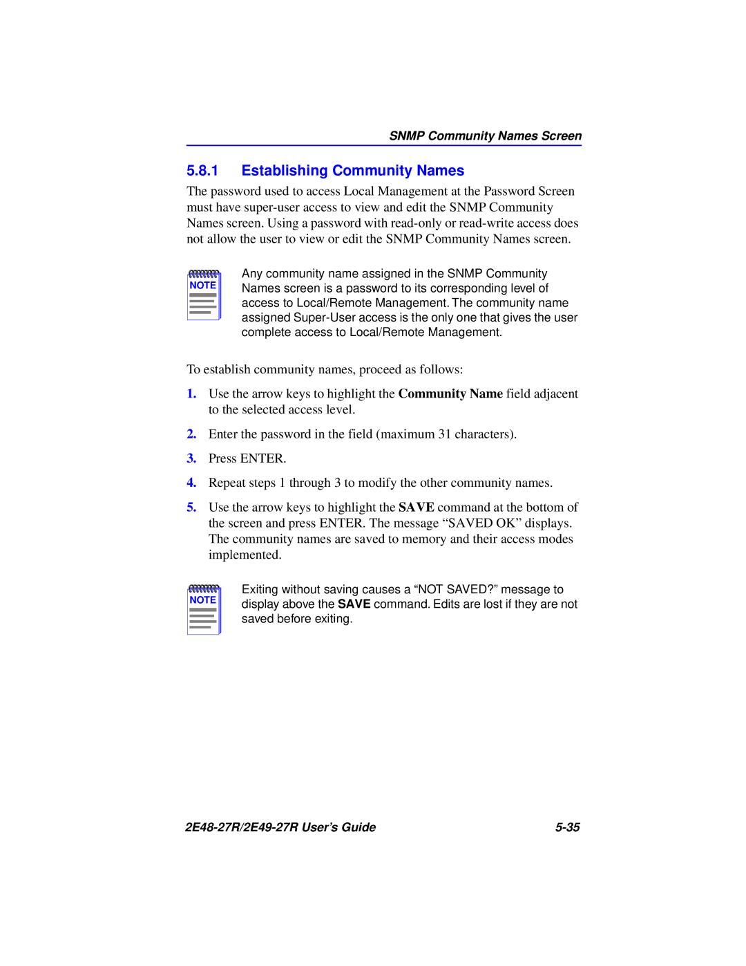 Cabletron Systems 2E49-27R, 2E48-27R manual Establishing Community Names 