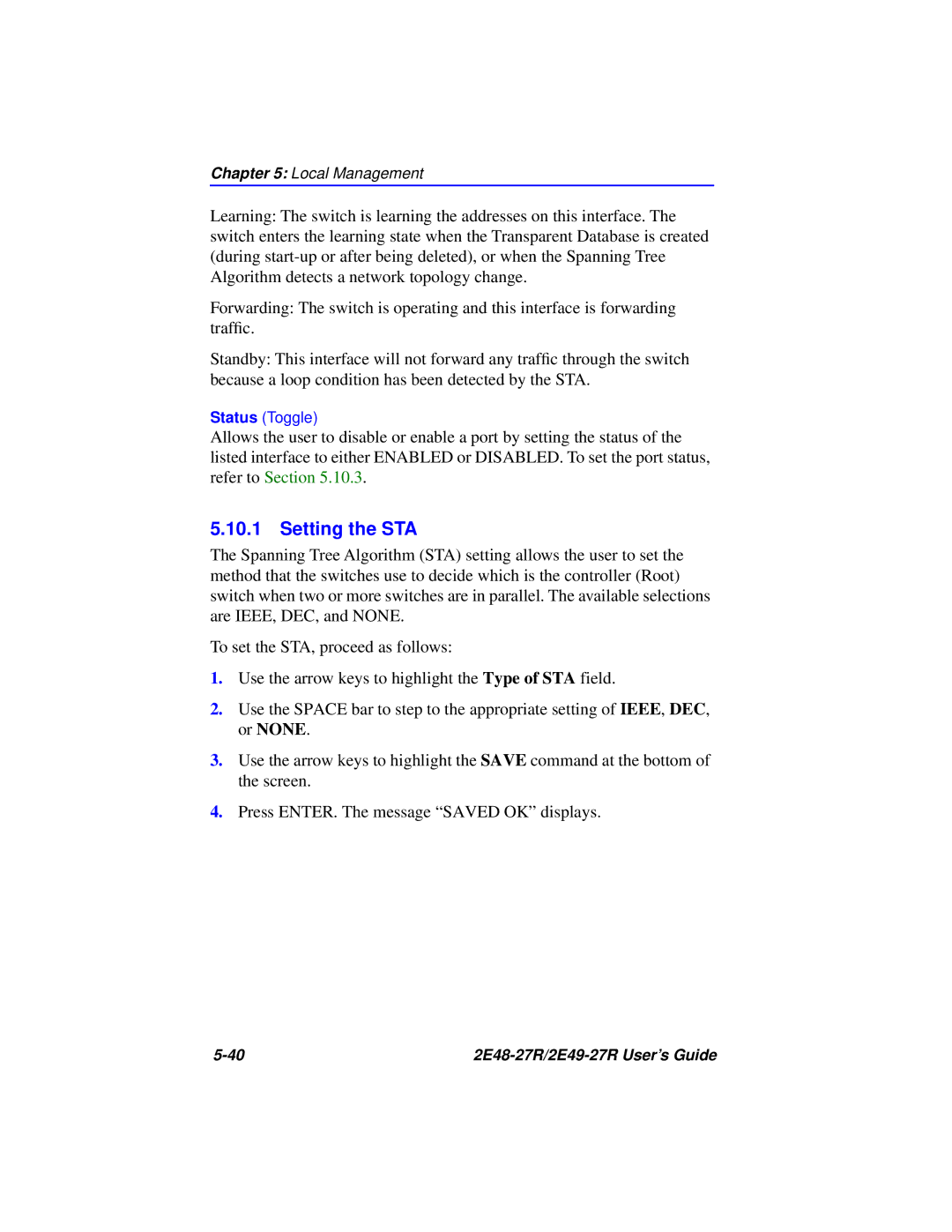 Cabletron Systems 2E48-27R, 2E49-27R manual Setting the STA 