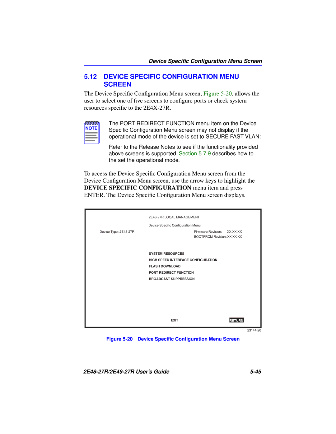 Cabletron Systems 2E49-27R, 2E48-27R Device Specific Configuration Menu Screen, Device Speciﬁc Conﬁguration Menu Screen 