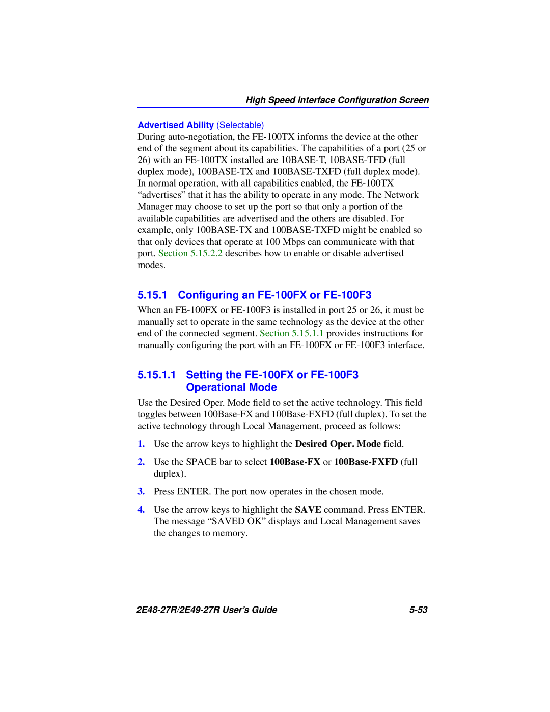 Cabletron Systems 2E49-27R 15.1 Conﬁguring an FE-100FX or FE-100F3, Setting the FE-100FX or FE-100F3 Operational Mode 