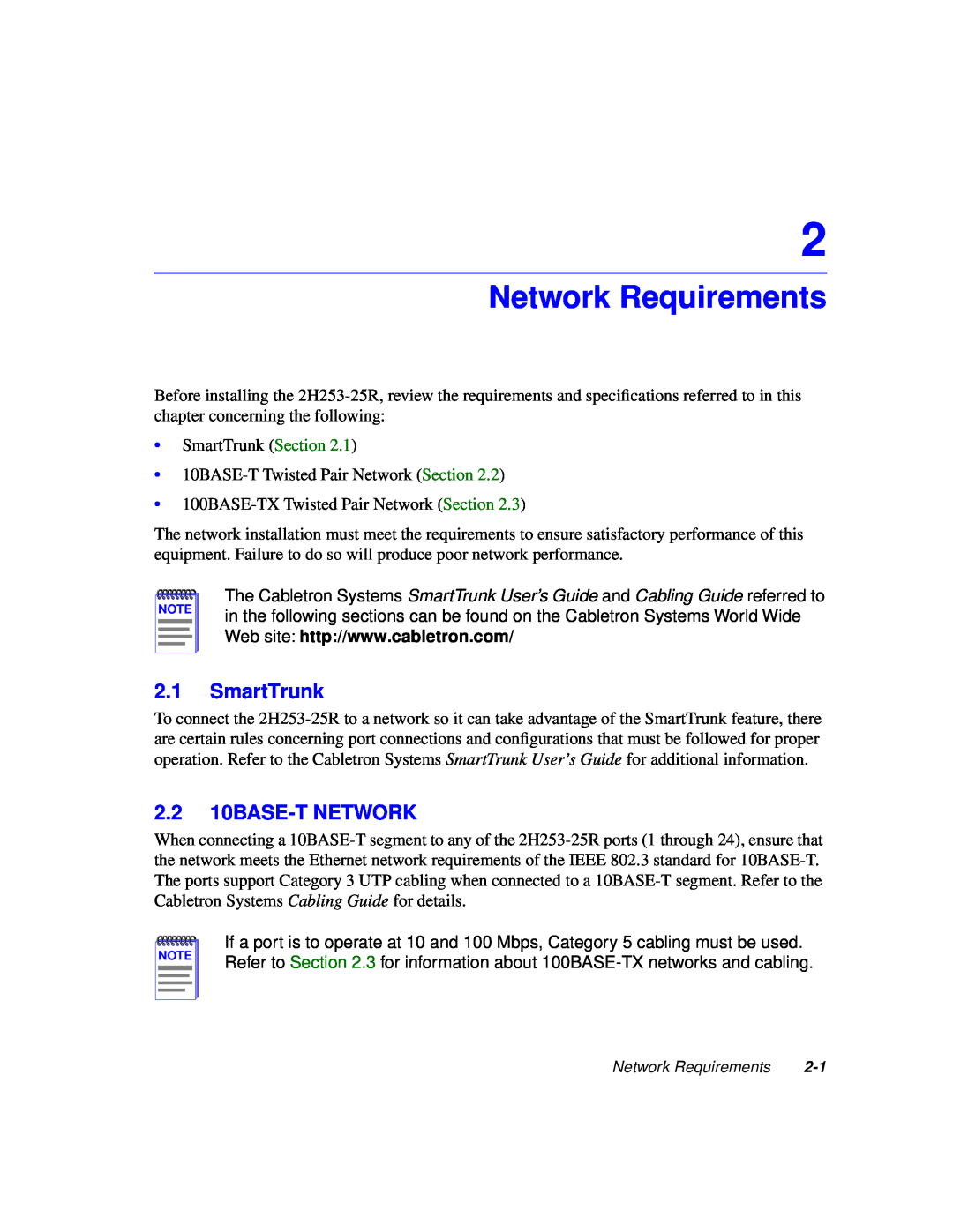 Cabletron Systems 2H253-25R manual Network Requirements, SmartTrunk, 2.2 10BASE-T NETWORK 