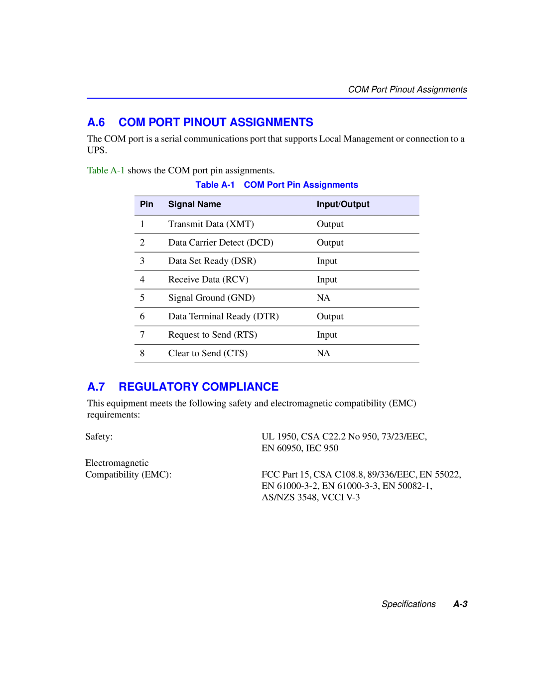 Cabletron Systems 2H253-25R manual A.6 COM PORT PINOUT ASSIGNMENTS, A.7 REGULATORY COMPLIANCE 