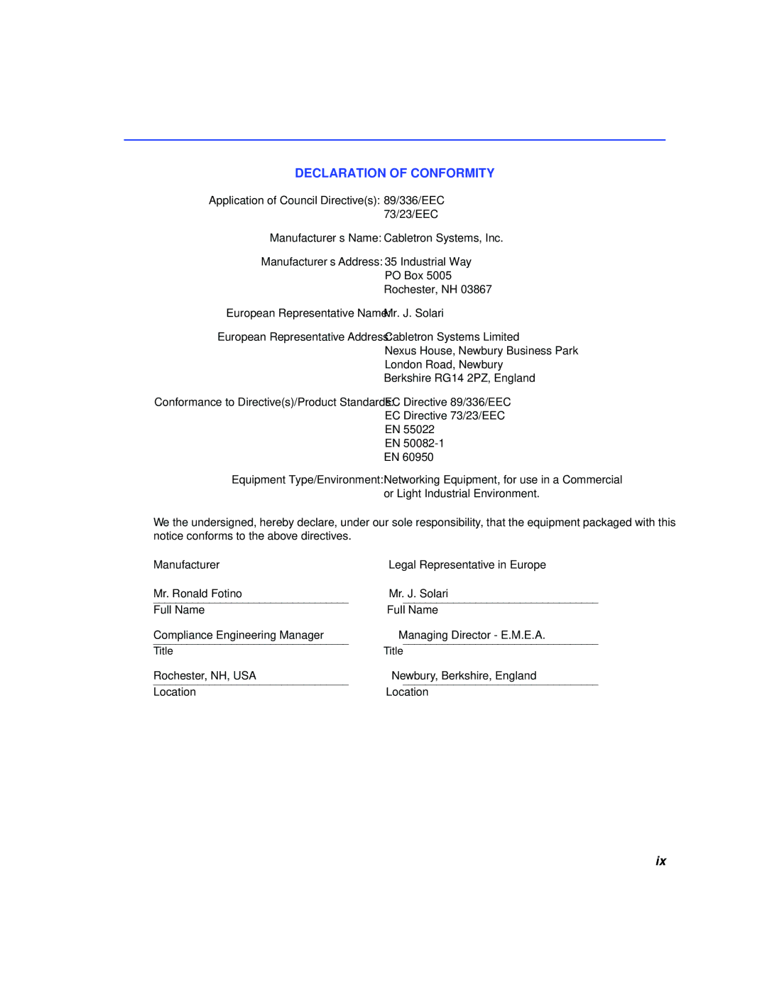 Cabletron Systems 2H253-25R manual Declaration of Conformity 