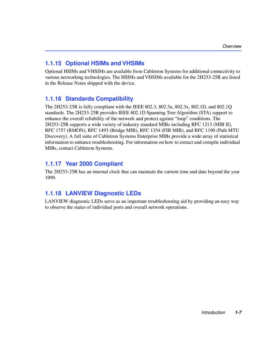 Cabletron Systems 2H253-25R manual Optional HSIMs and VHSIMs, Standards Compatibility, Year 2000 Compliant 