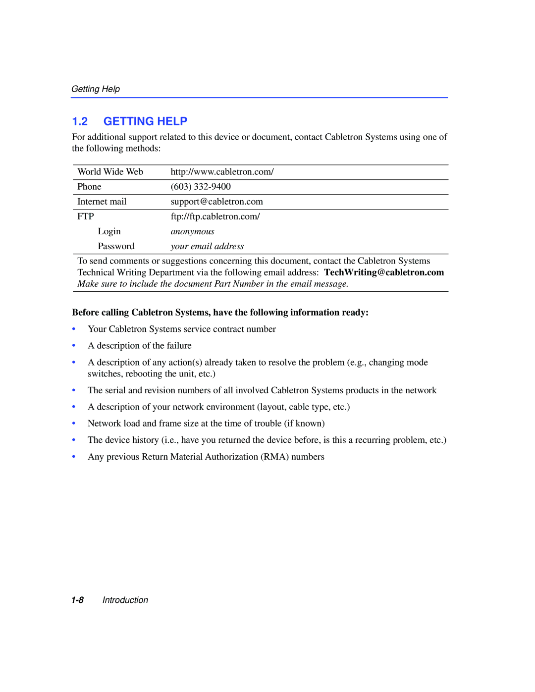 Cabletron Systems 2H253-25R manual Getting Help 