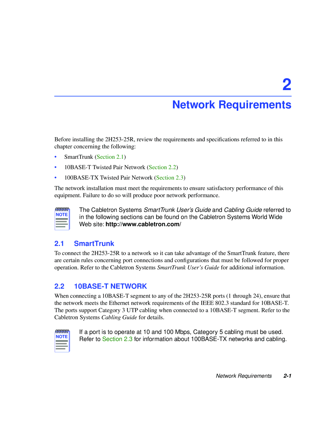 Cabletron Systems 2H253-25R manual Network Requirements, 10BASE-T Network 