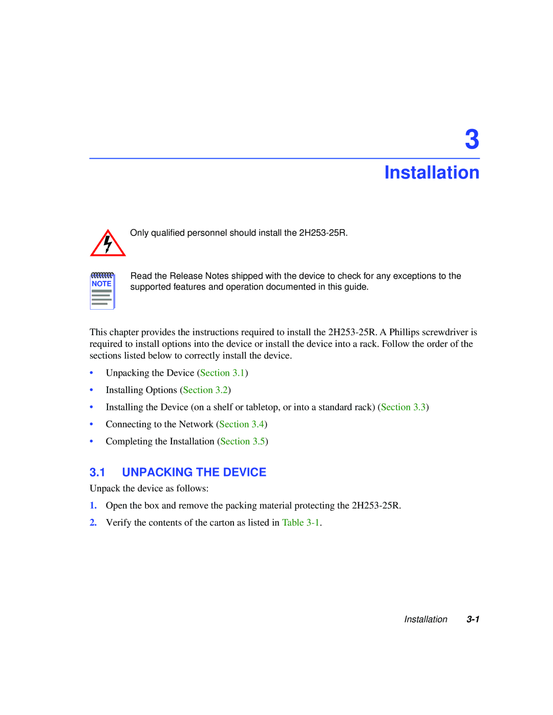 Cabletron Systems 2H253-25R manual Installation, Unpacking the Device 