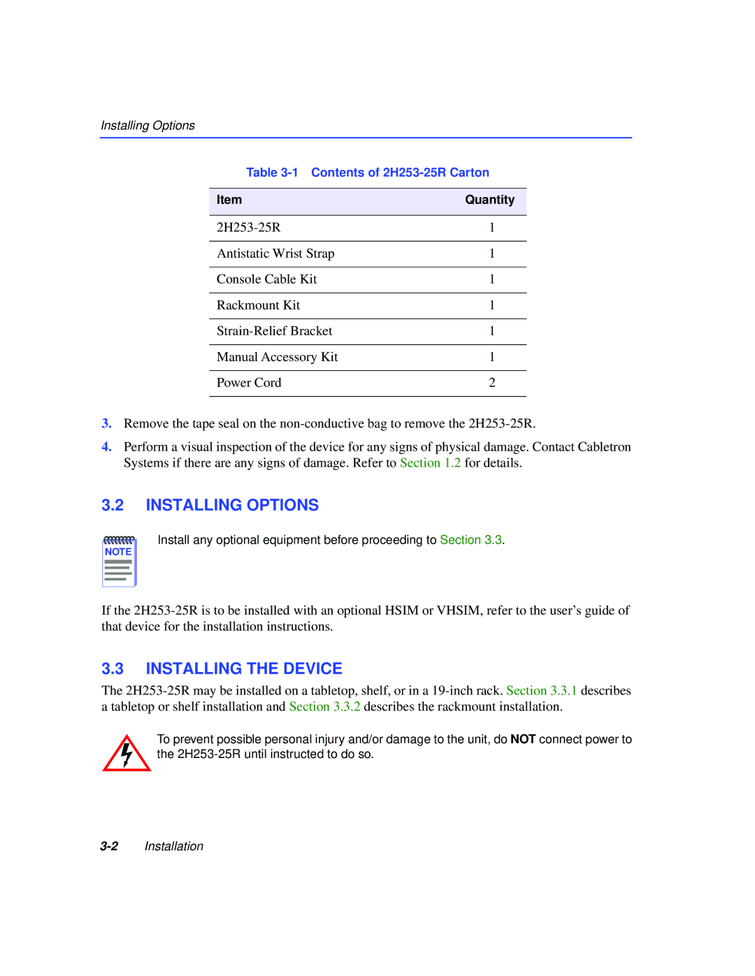 Cabletron Systems 2H253-25R manual Installing Options, Installing the Device 