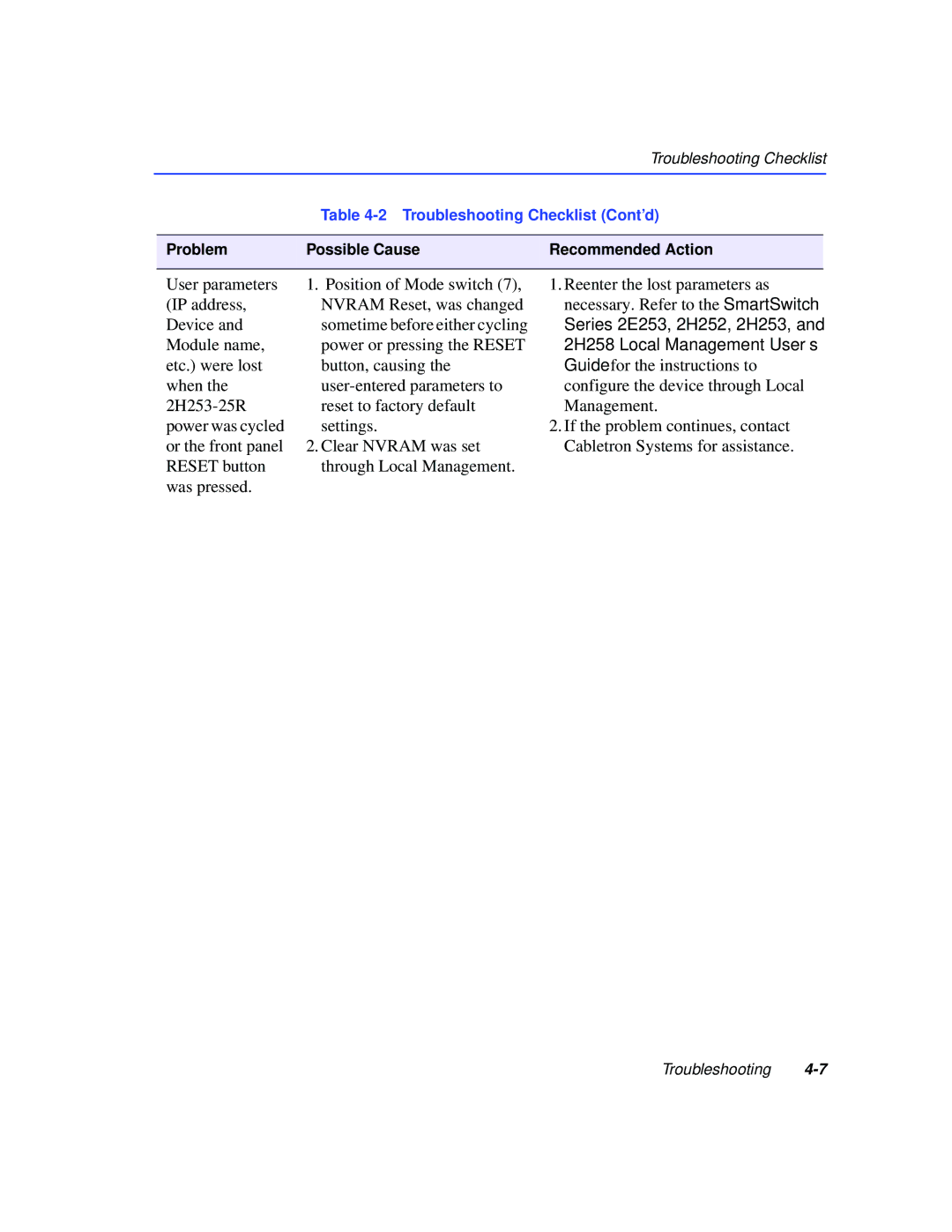 Cabletron Systems 2H253-25R manual User parameters Position of Mode switch IP address 