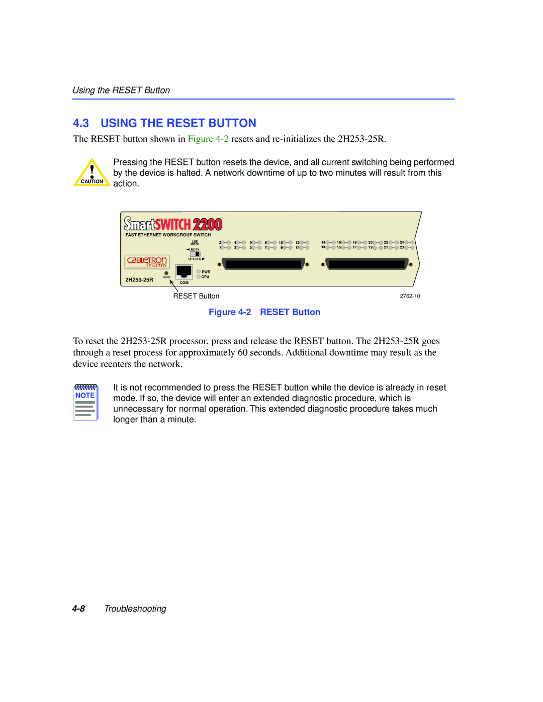 Cabletron Systems 2H253-25R manual Using the Reset Button 