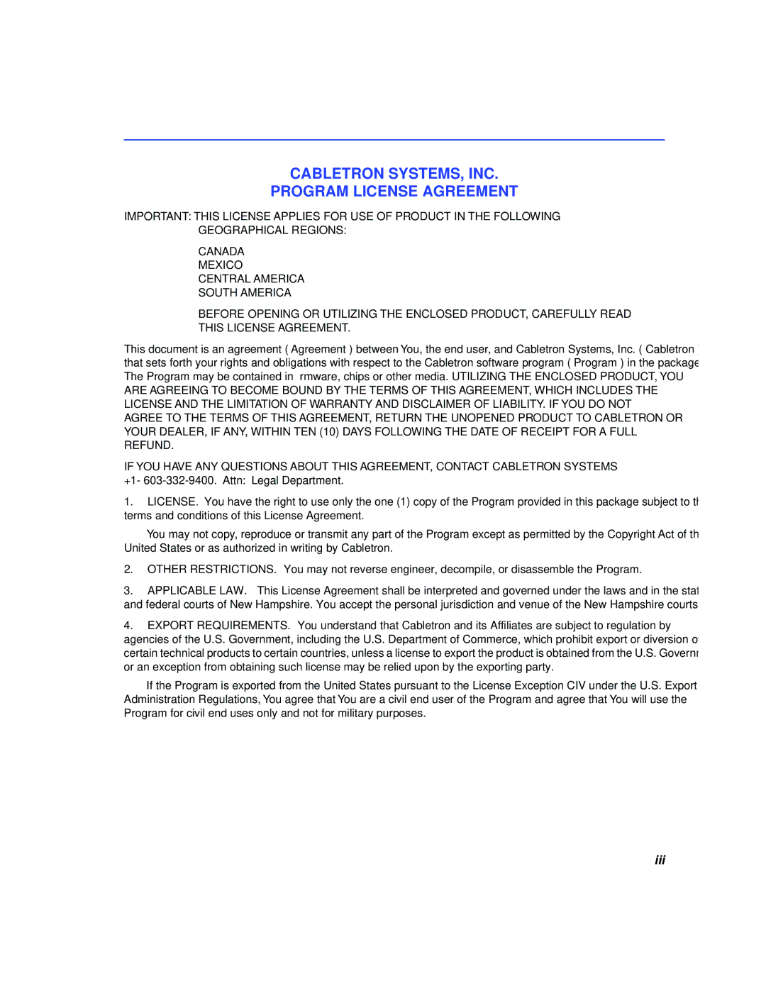 Cabletron Systems 2H253-25R manual Cabletron SYSTEMS, INC Program License Agreement 