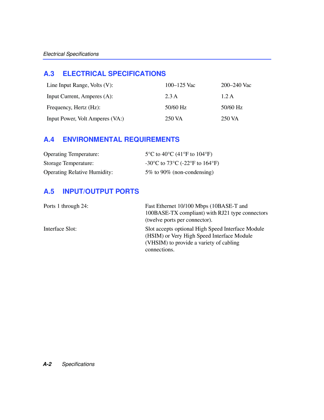 Cabletron Systems 2H253-25R manual Electrical Specifications, Environmental Requirements, INPUT/OUTPUT Ports 