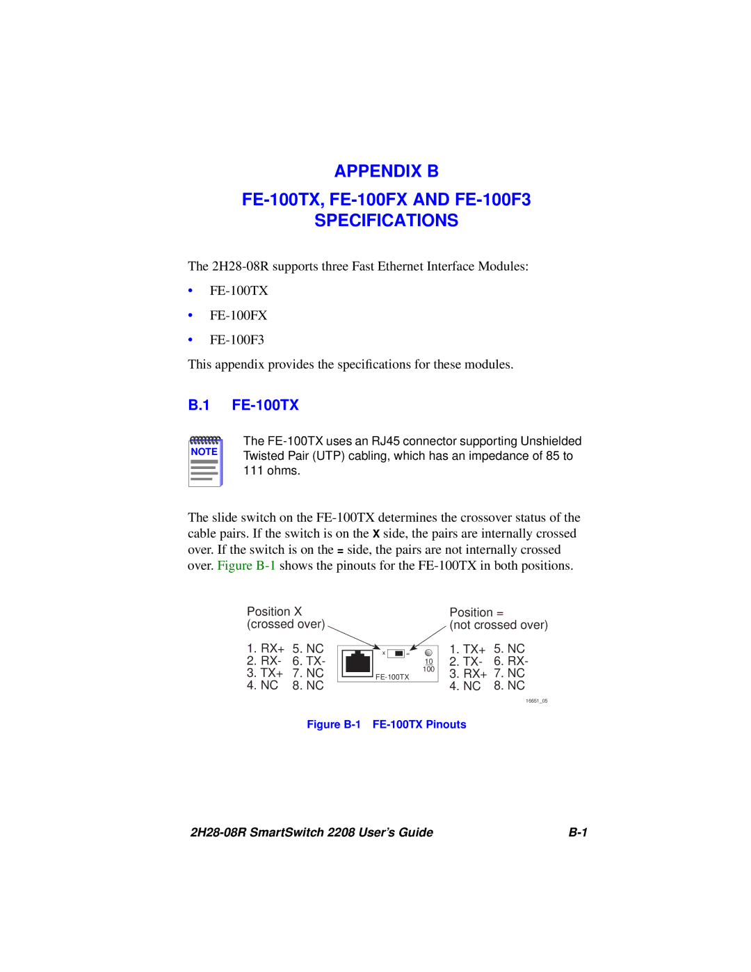 Cabletron Systems 2H28-08R manual Figure B-1 FE-100TX Pinouts 