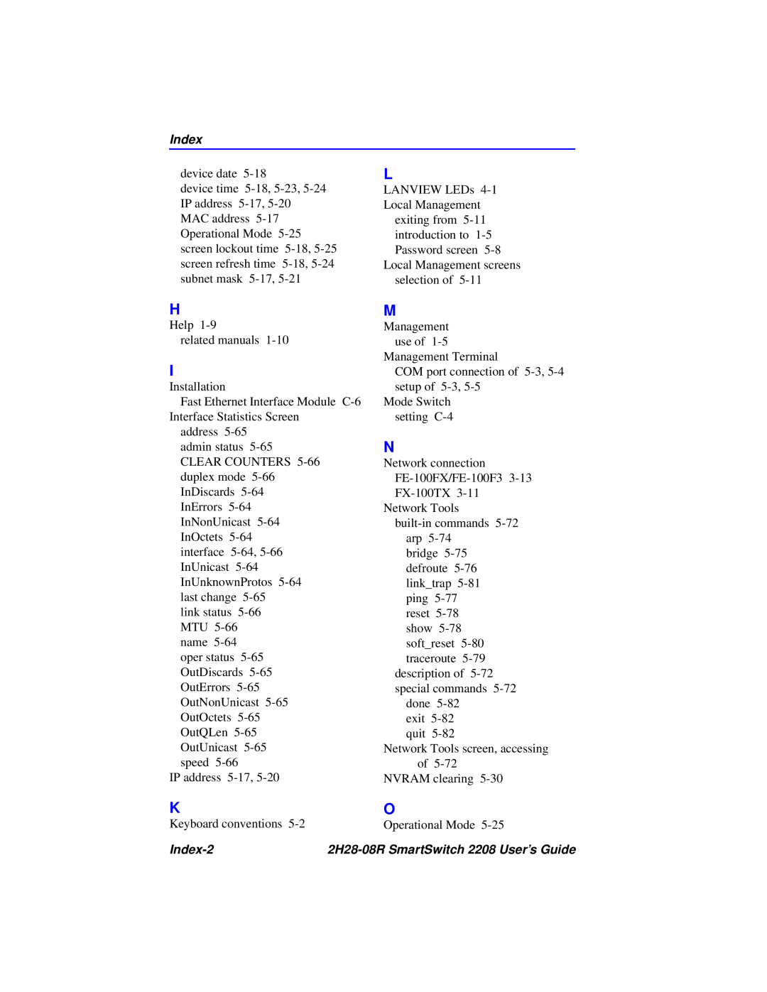 Cabletron Systems manual Index-2 2H28-08R SmartSwitch 2208 User’s Guide 