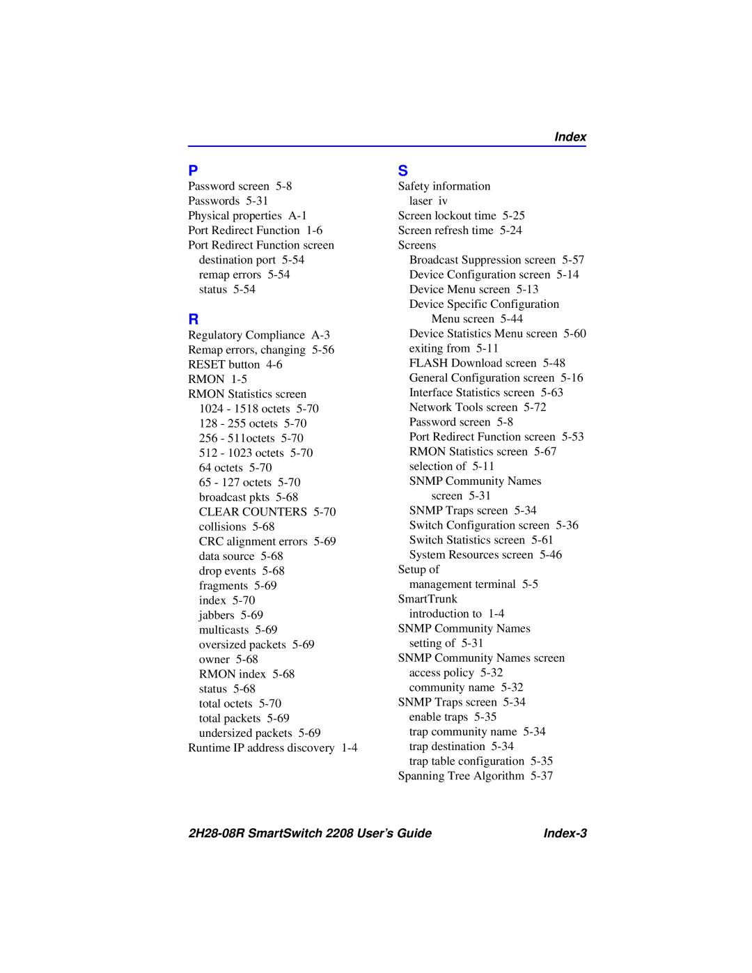 Cabletron Systems manual 2H28-08R SmartSwitch 2208 User’s Guide Index-3 