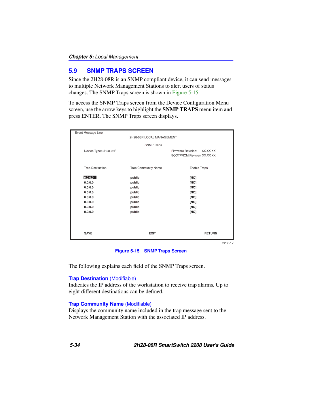 Cabletron Systems manual Snmp Traps Screen, 2H28-08R Local Management 