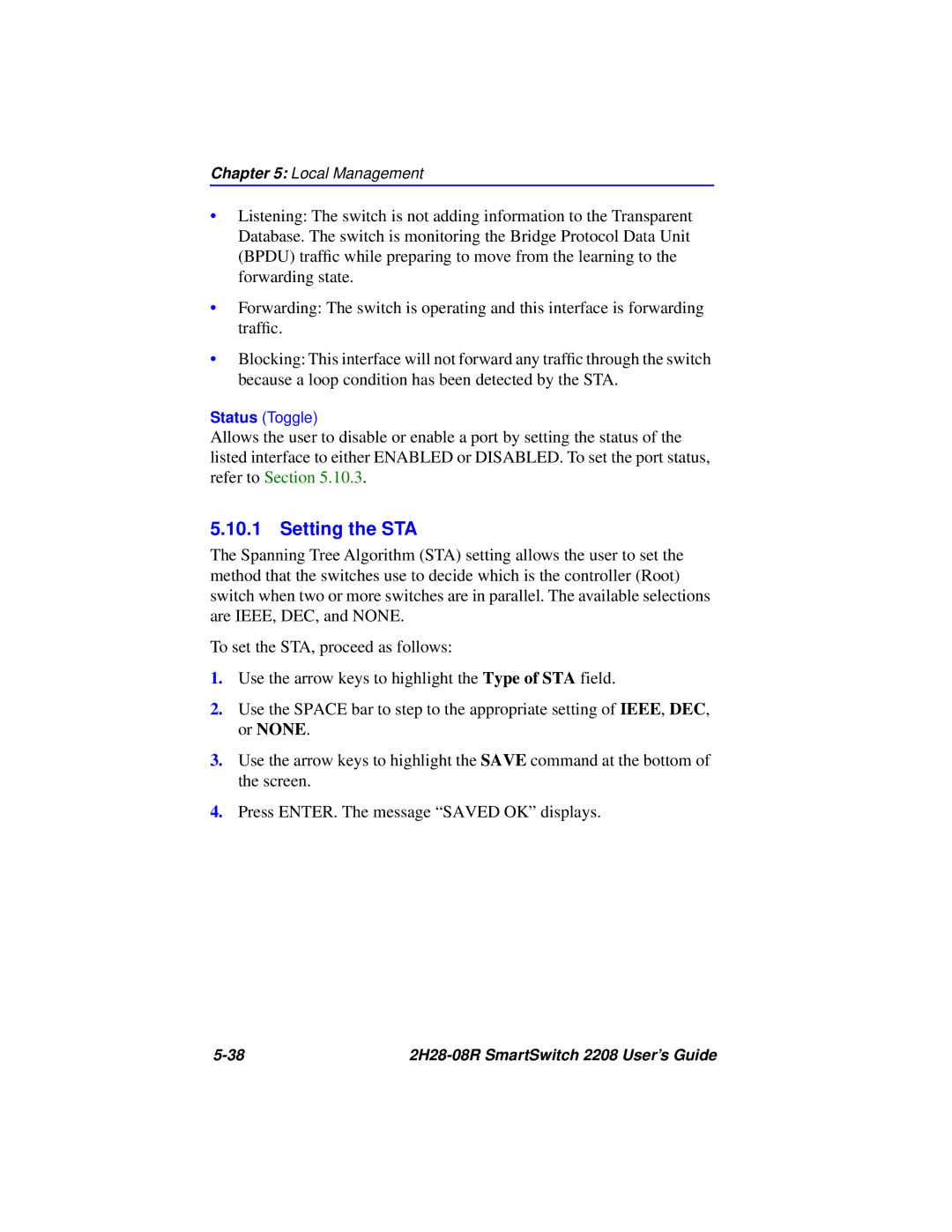 Cabletron Systems 2H28-08R manual Setting the STA 