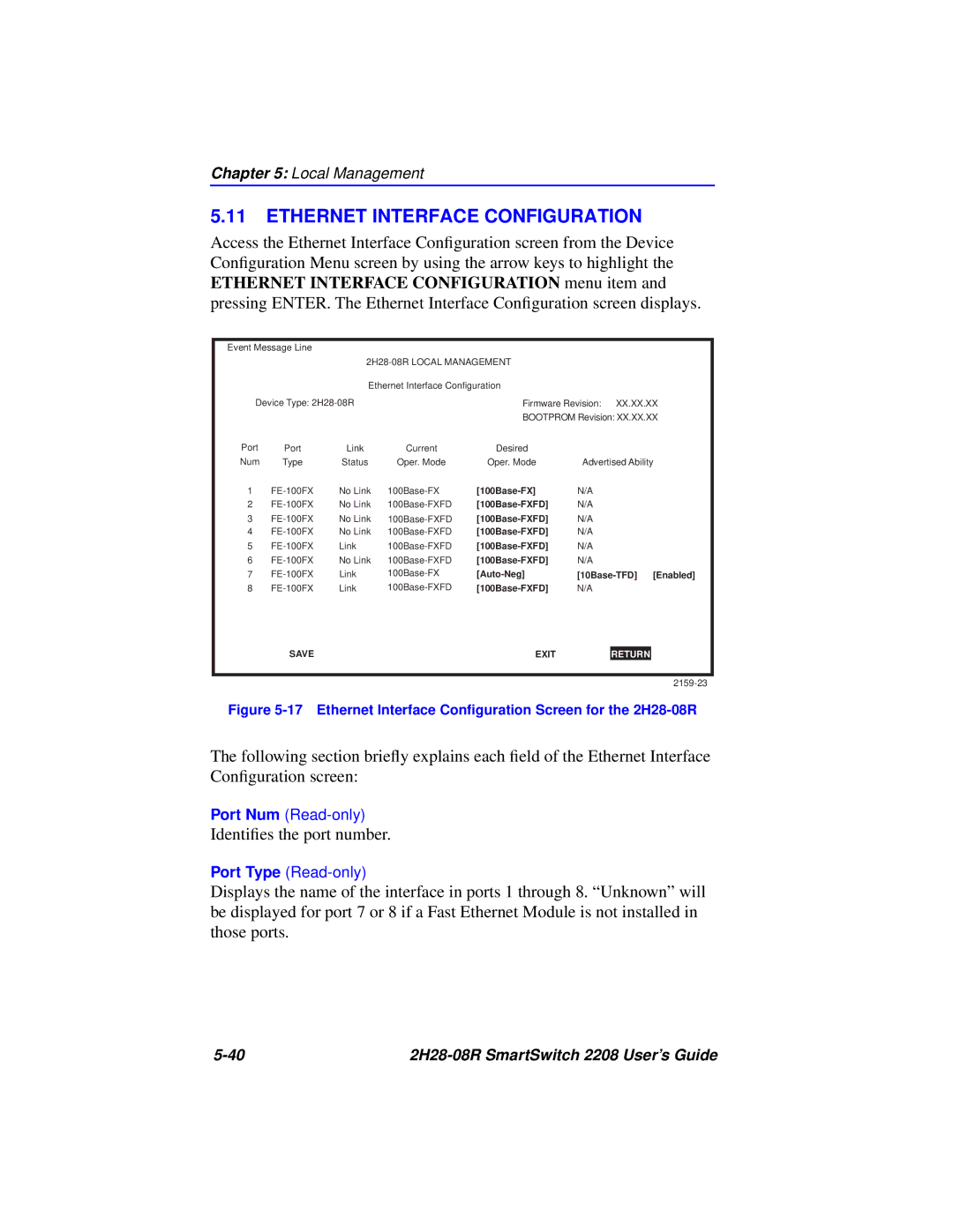 Cabletron Systems manual Ethernet Interface Configuration, Ethernet Interface Conﬁguration Screen for the 2H28-08R 