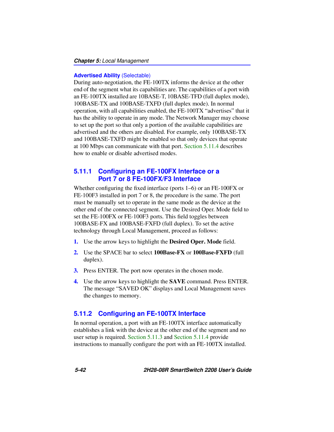 Cabletron Systems 2H28-08R manual 11.2 Conﬁguring an FE-100TX Interface 