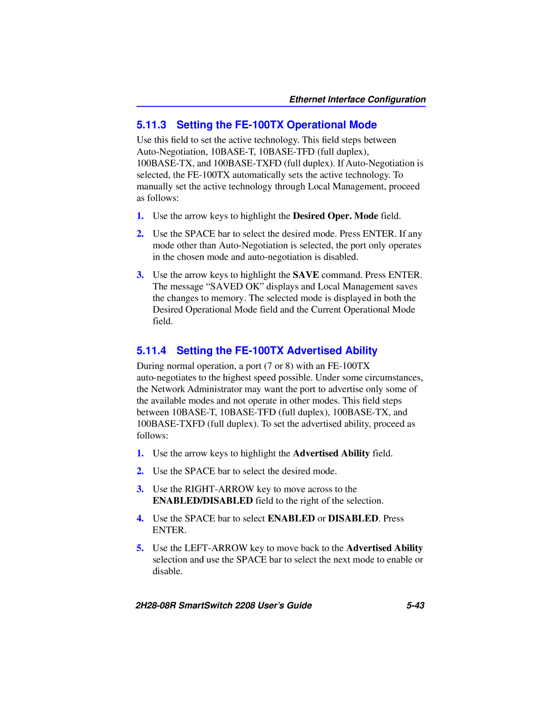 Cabletron Systems 2H28-08R manual Setting the FE-100TX Operational Mode, Setting the FE-100TX Advertised Ability 