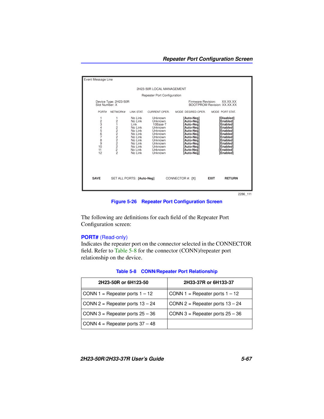 Cabletron Systems 2H23-50R, 2H33-37R manual Repeater Port Conﬁguration Screen, CONN/Repeater Port Relationship 