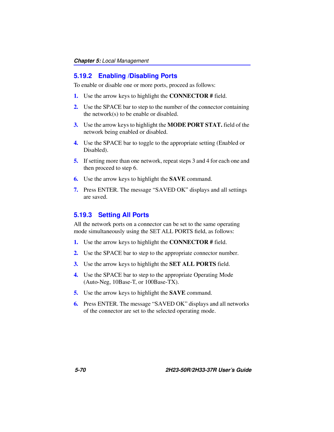 Cabletron Systems 2H33-37R, 2H23-50R manual Enabling /Disabling Ports, Setting All Ports 